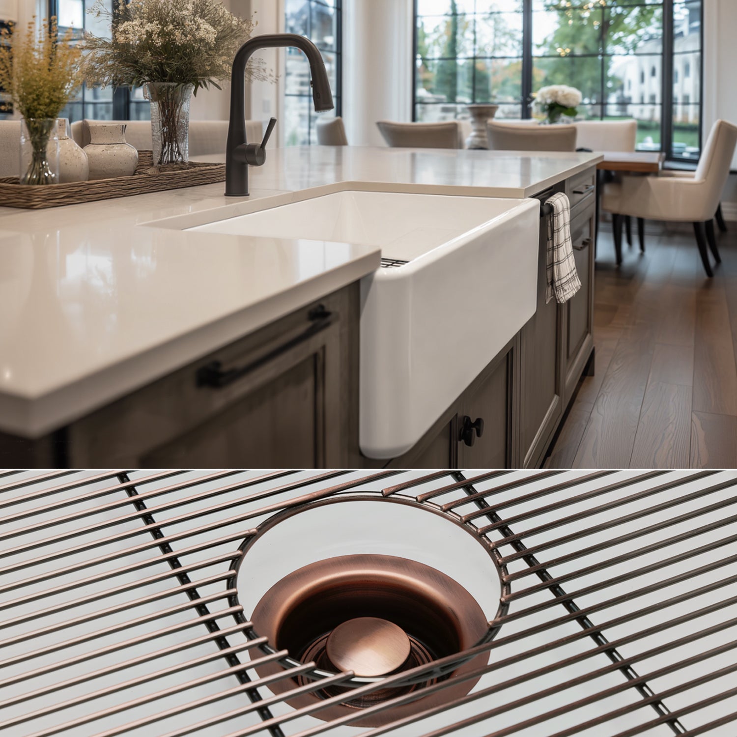 FSW1002AC LUXURY 33-INCH SOLID FIRECLAY FARMHOUSE SINK IN WHITE, ANTIQUE COPPER ACCS, FLAT FRONT