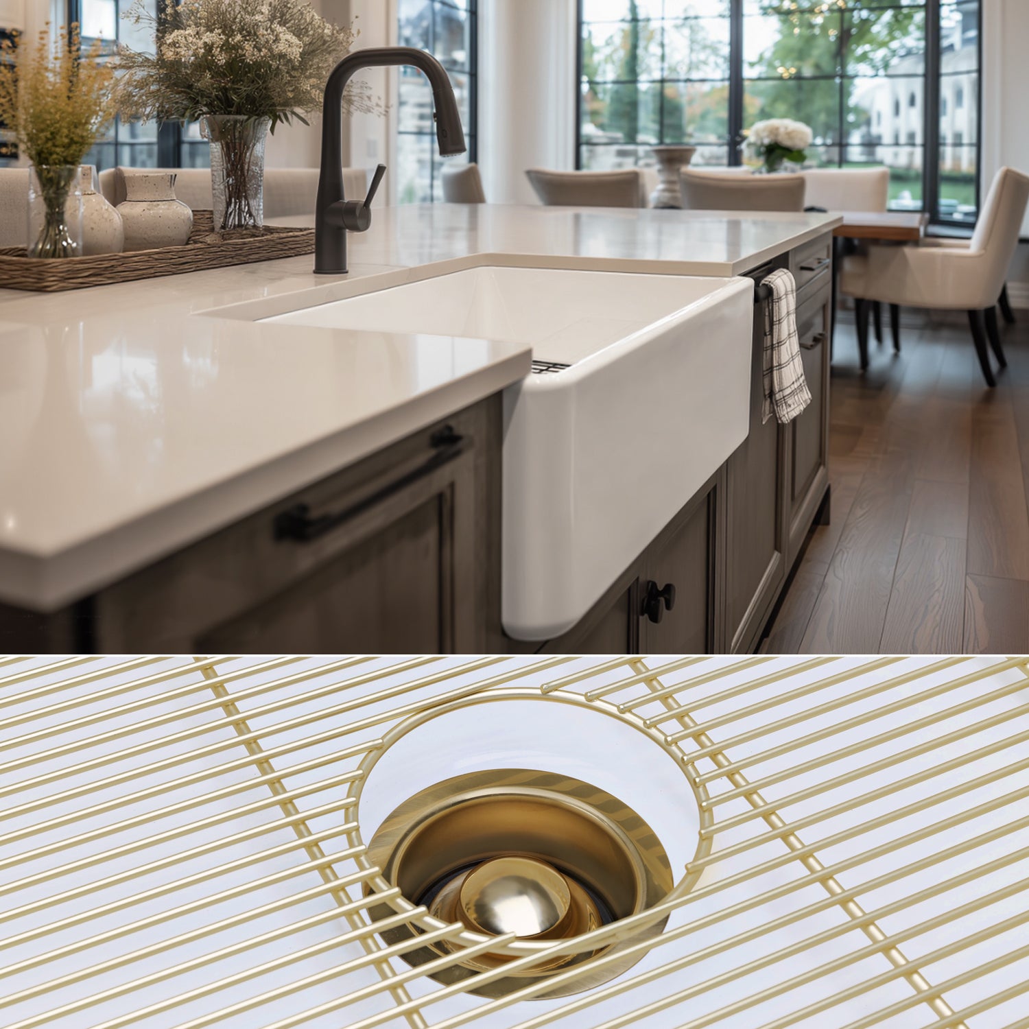 FSW1002BB LUXURY 33-INCH SOLID FIRECLAY FARMHOUSE SINK IN WHITE, MATTE GOLD ACCS, FLAT FRONT