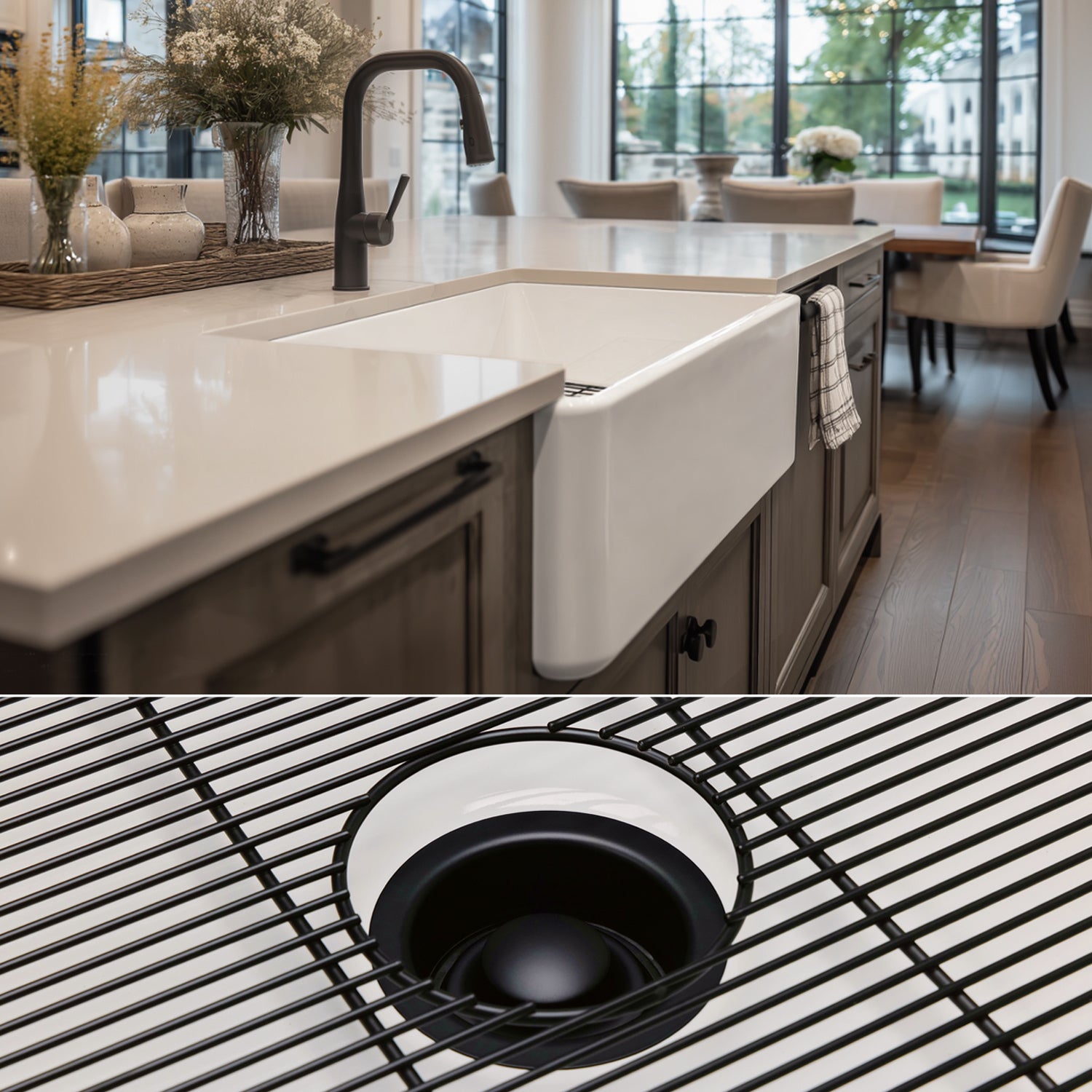 FSW1002MB LUXURY 33-INCH SOLID FIRECLAY FARMHOUSE SINK IN WHITE, MATTE BLACK ACCS, FLAT FRONT