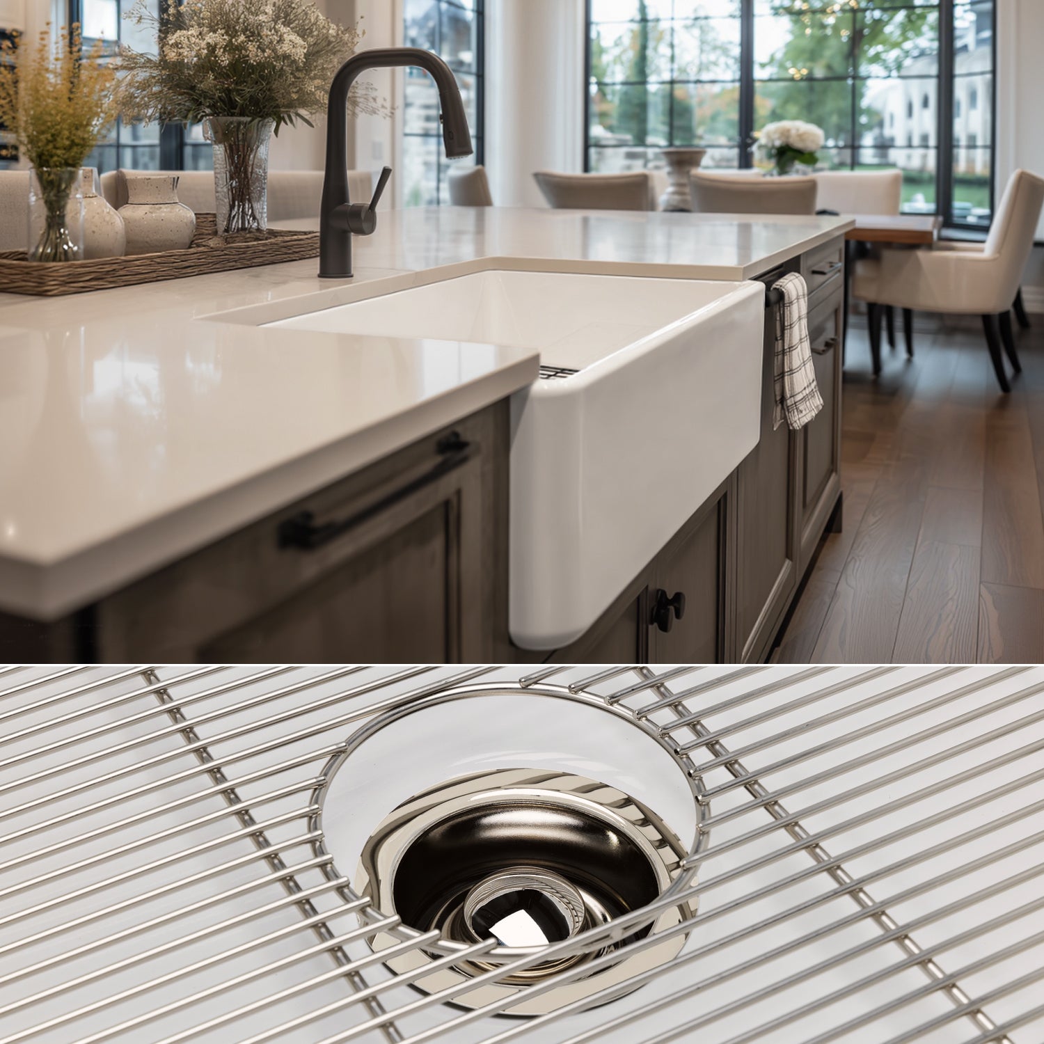 FSW1002PN LUXURY 33-INCH SOLID FIRECLAY FARMHOUSE SINK IN WHITE, POLISHED NICKEL ACCS, FLAT FRONT