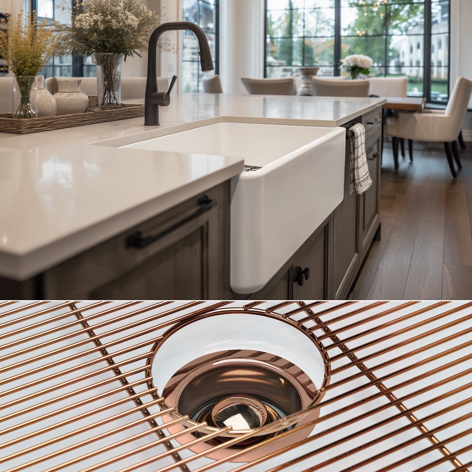 FSW1002RG LUXURY 33-INCH SOLID FIRECLAY FARMHOUSE SINK IN WHITE, POL. ROSE GOLD ACCS, FLAT FRONT