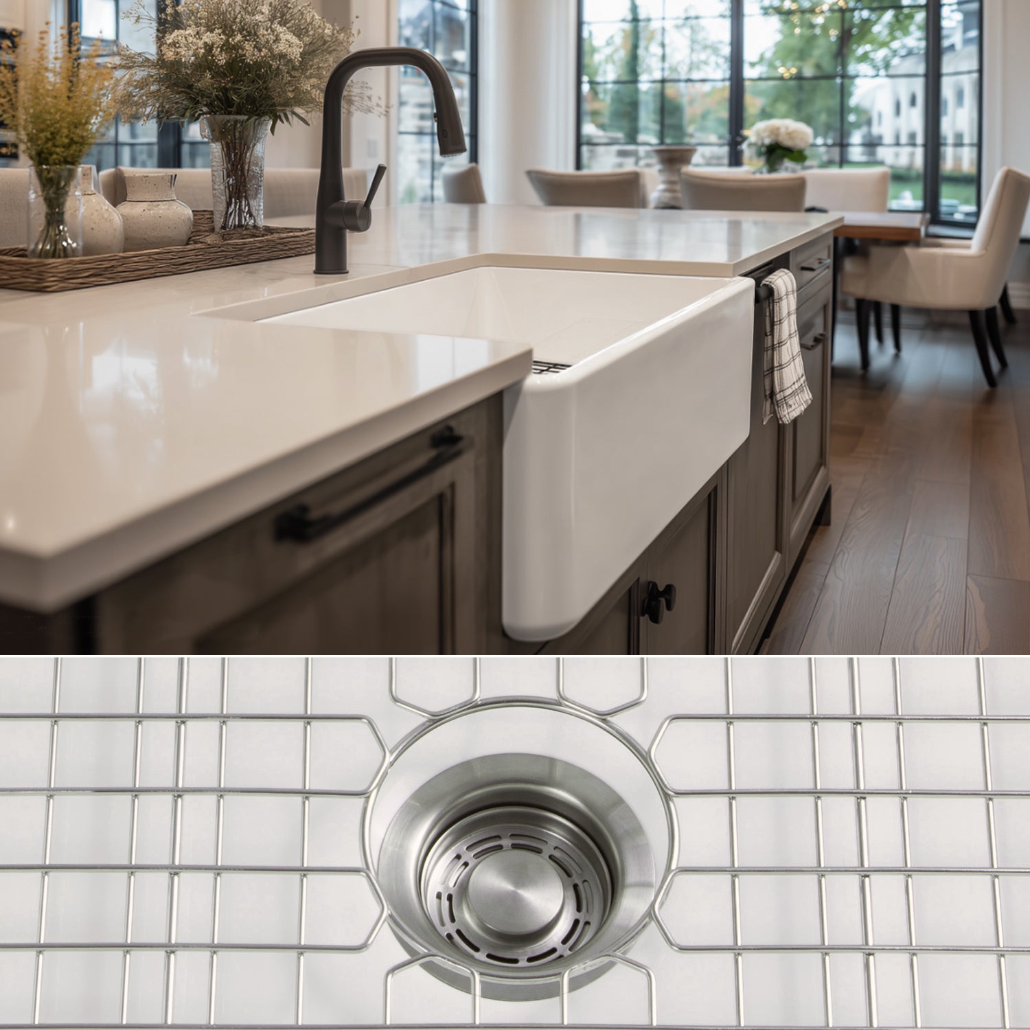 FSW1002 LUXURY 33-INCH SOLID FIRECLAY FARMHOUSE SINK IN WHITE, STAINLESS STEEL ACCS, FLAT FRONT