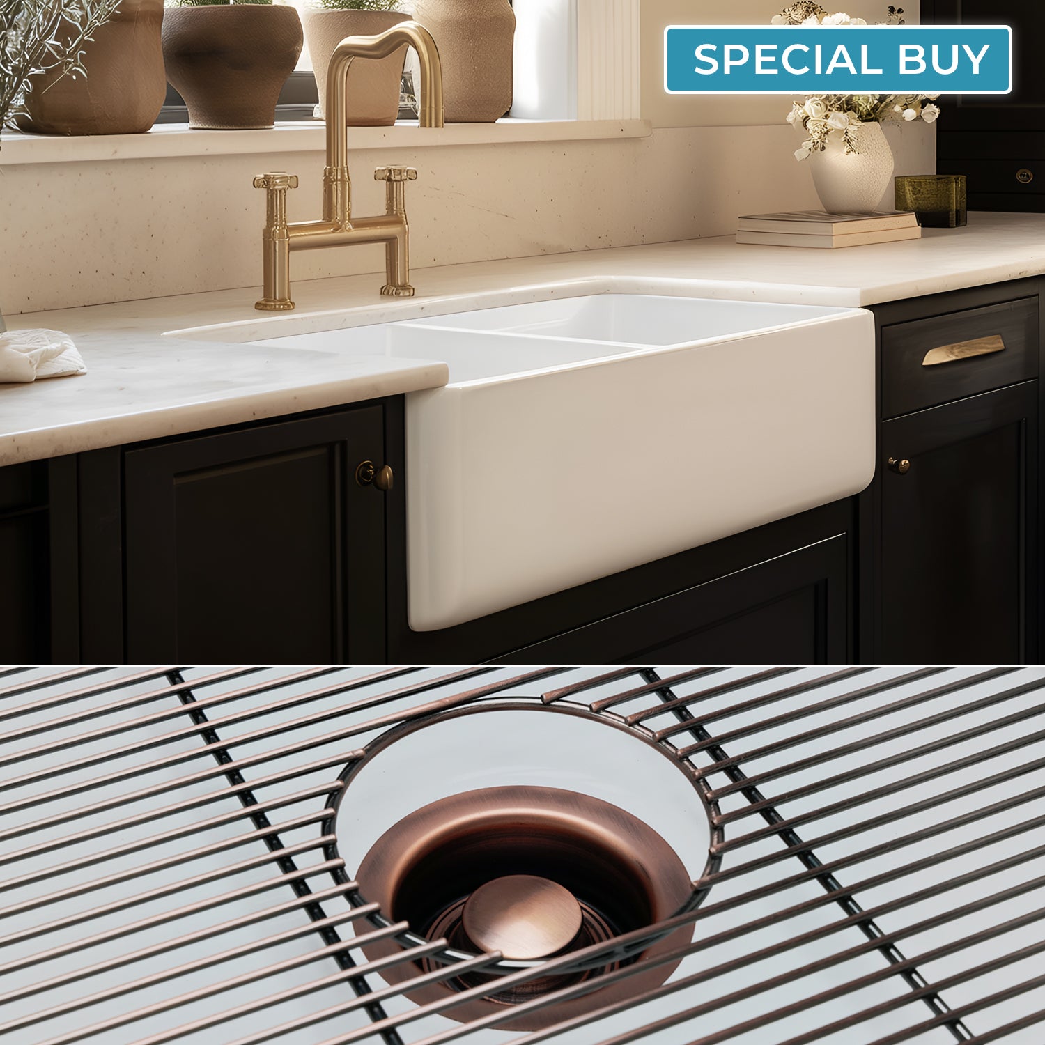 FSW1003AC LUXURY 33-INCH SOLID FIRECLAY FARMHOUSE SINK IN WHITE, ANTIQUE COPPER ACCS, FLAT FRONT