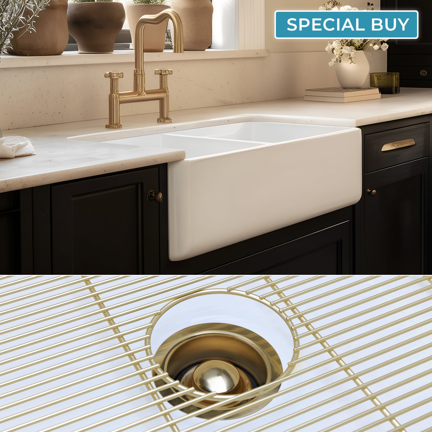 FSW1003BB LUXURY 33-INCH SOLID FIRECLAY FARMHOUSE SINK IN WHITE, MATTE GOLD ACCS, FLAT FRONT