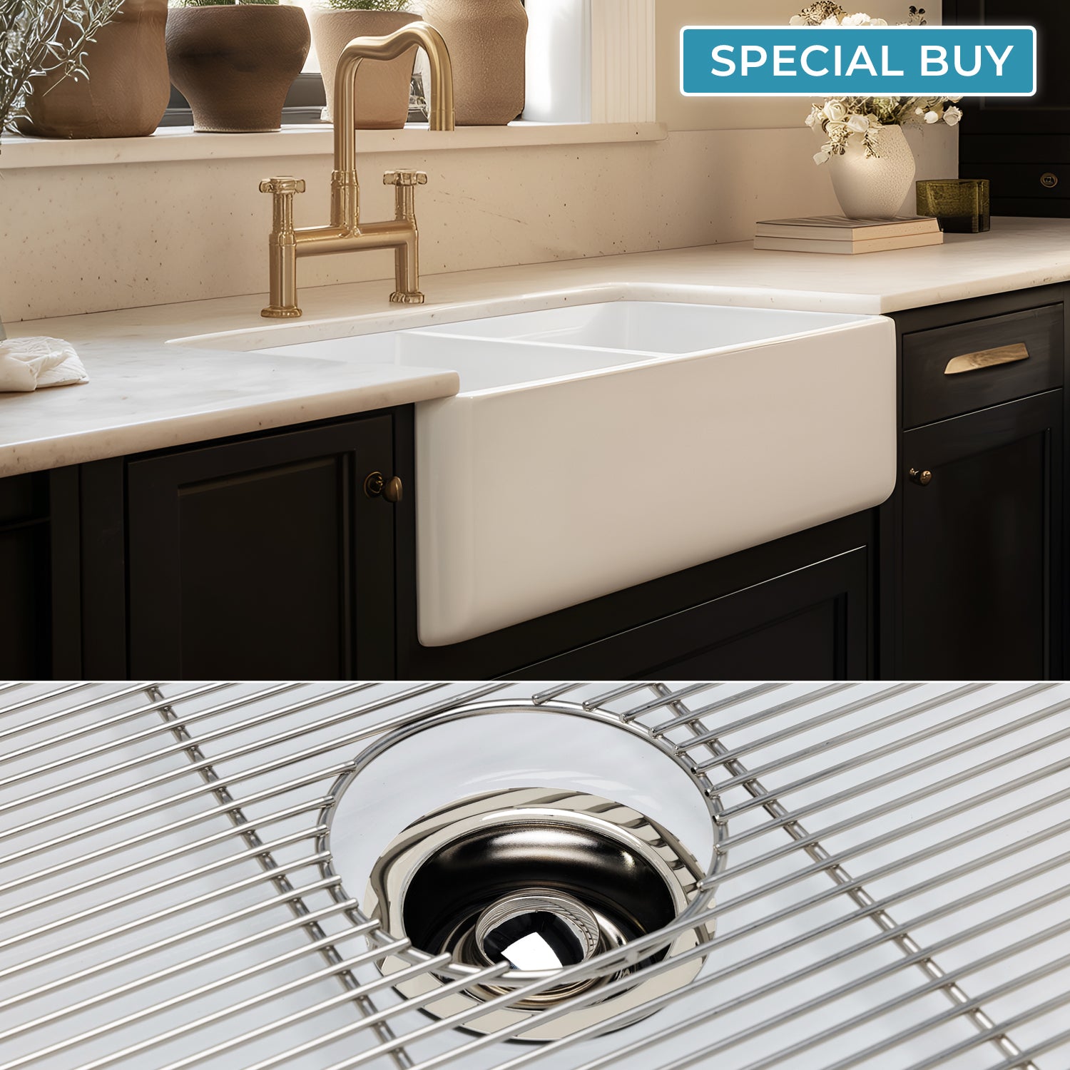 FSW1003PN LUXURY 33-INCH SOLID FIRECLAY FARMHOUSE SINK IN WHITE, POLISHED NICKEL ACCS, FLAT FRONT