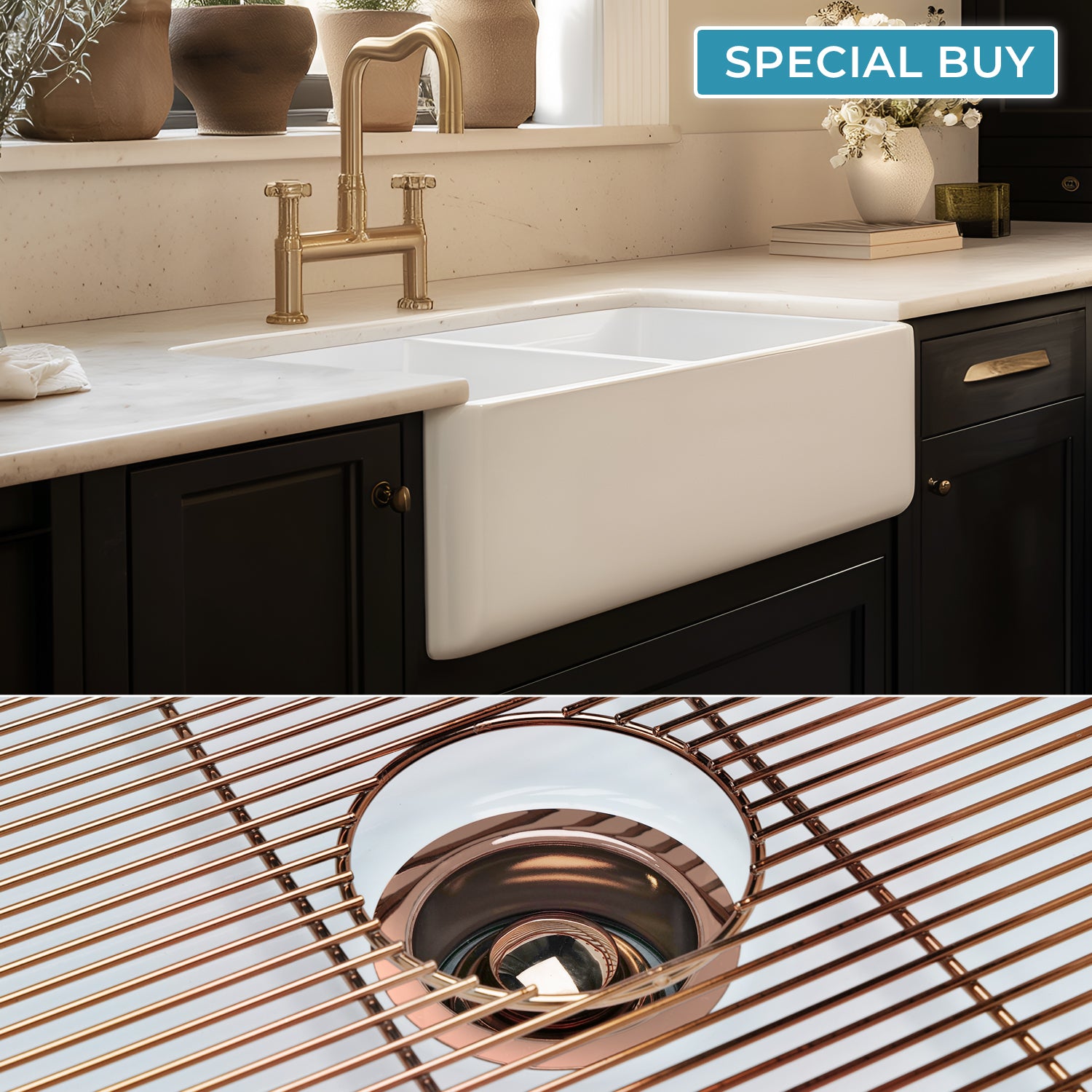 FSW1003RG LUXURY 33-INCH SOLID FIRECLAY FARMHOUSE SINK IN WHITE, POL. ROSE GOLD ACCS, FLAT FRONT