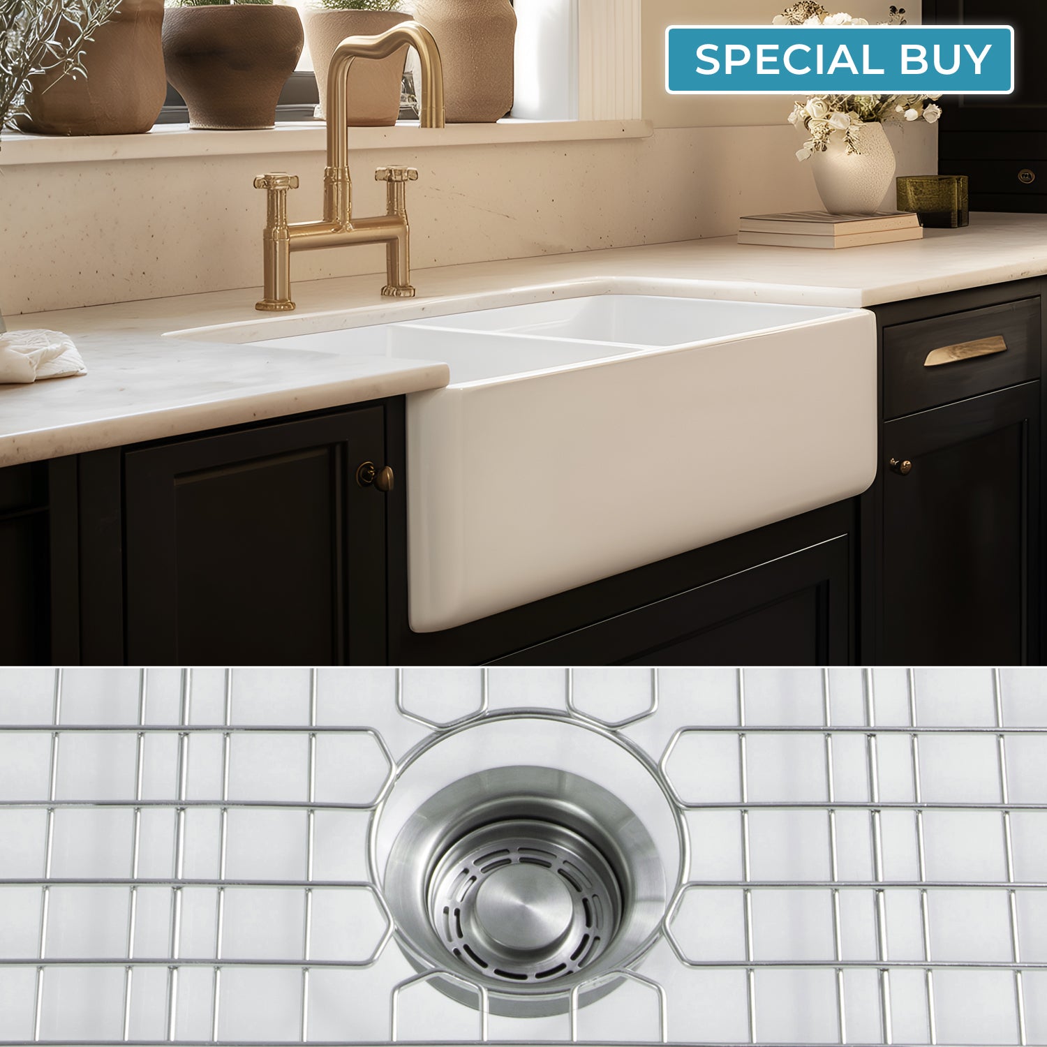 FSW1003 LUXURY 33-INCH SOLID FIRECLAY FARMHOUSE SINK IN WHITE, STAINLESS STEEL ACCS, FLAT FRONT