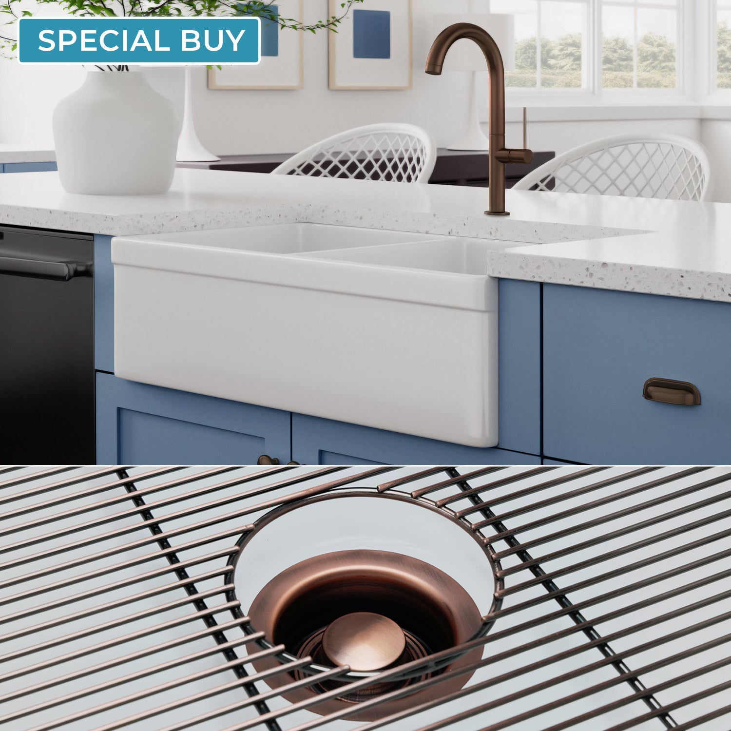 FSW1012AC LUXURY 33-INCH SOLID FIRECLAY FARMHOUSE SINK IN WHITE, ANTIQUE COPPER ACCS, BELTED FRONT