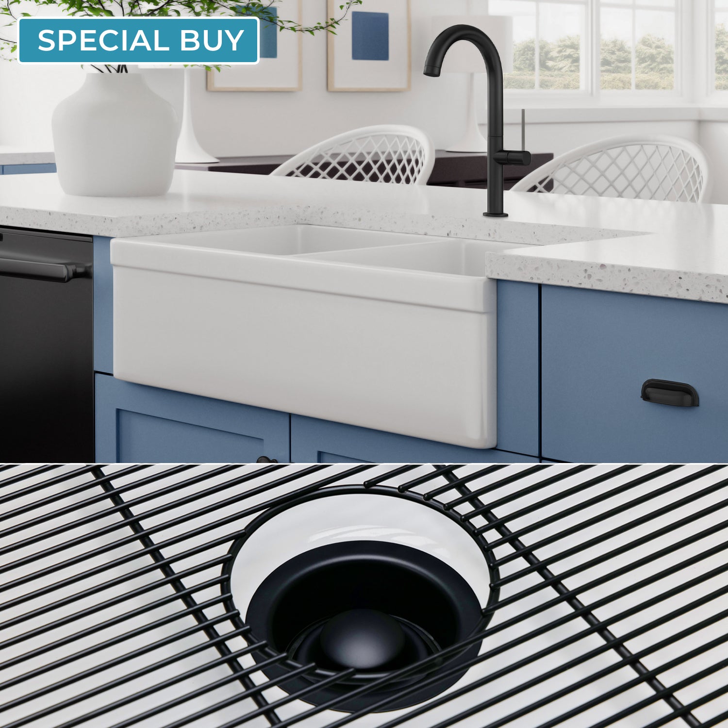 FSW1012MB LUXURY 33-INCH SOLID FIRECLAY FARMHOUSE SINK IN WHITE, MATTE BLACK ACCS, BELTED FRONT