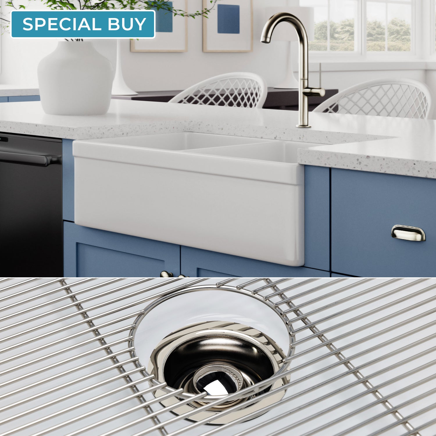 FSW1012PN LUXURY 33-INCH SOLID FIRECLAY FARMHOUSE SINK IN WHITE, POLISHED NICKEL ACCS, BELTED FRONT