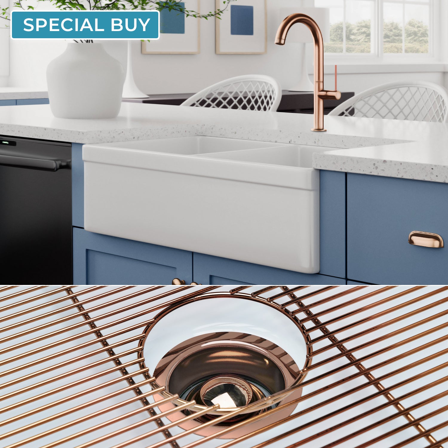 FSW1012RG LUXURY 33-INCH SOLID FIRECLAY FARMHOUSE SINK IN WHITE, POL. ROSE GOLD ACCS, BELTED FRONT
