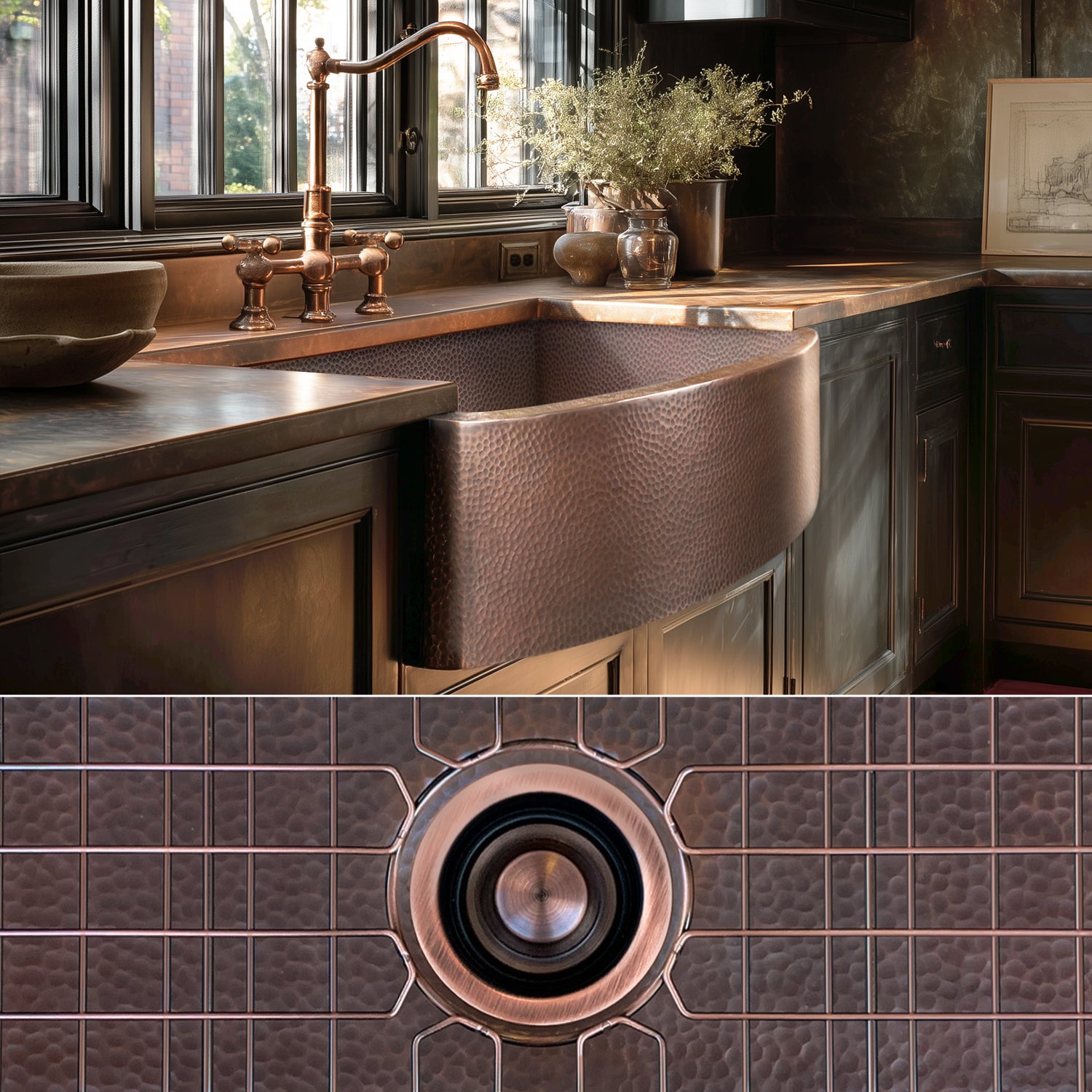 FSW1101 LUXURY 33-INCH HEAVY 12-GAUGE DARK PATINA COPPER FARMHOUSE SINK, INCLUDES ACCS, CURVED FRONT
