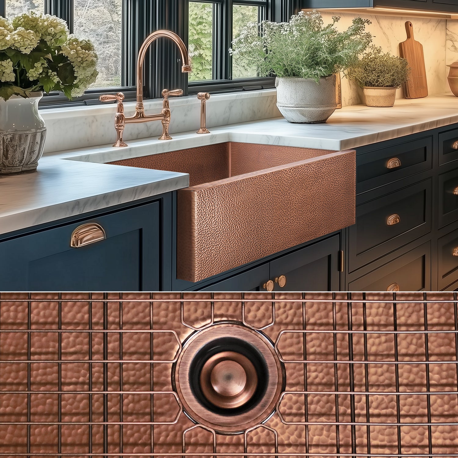 FSW1105 LUXURY 33-INCH HEAVY 12-GAUGE MEDIUM PATINA COPPER FARMHOUSE SINK, INCLUDES ACCS, FLAT FRONT
