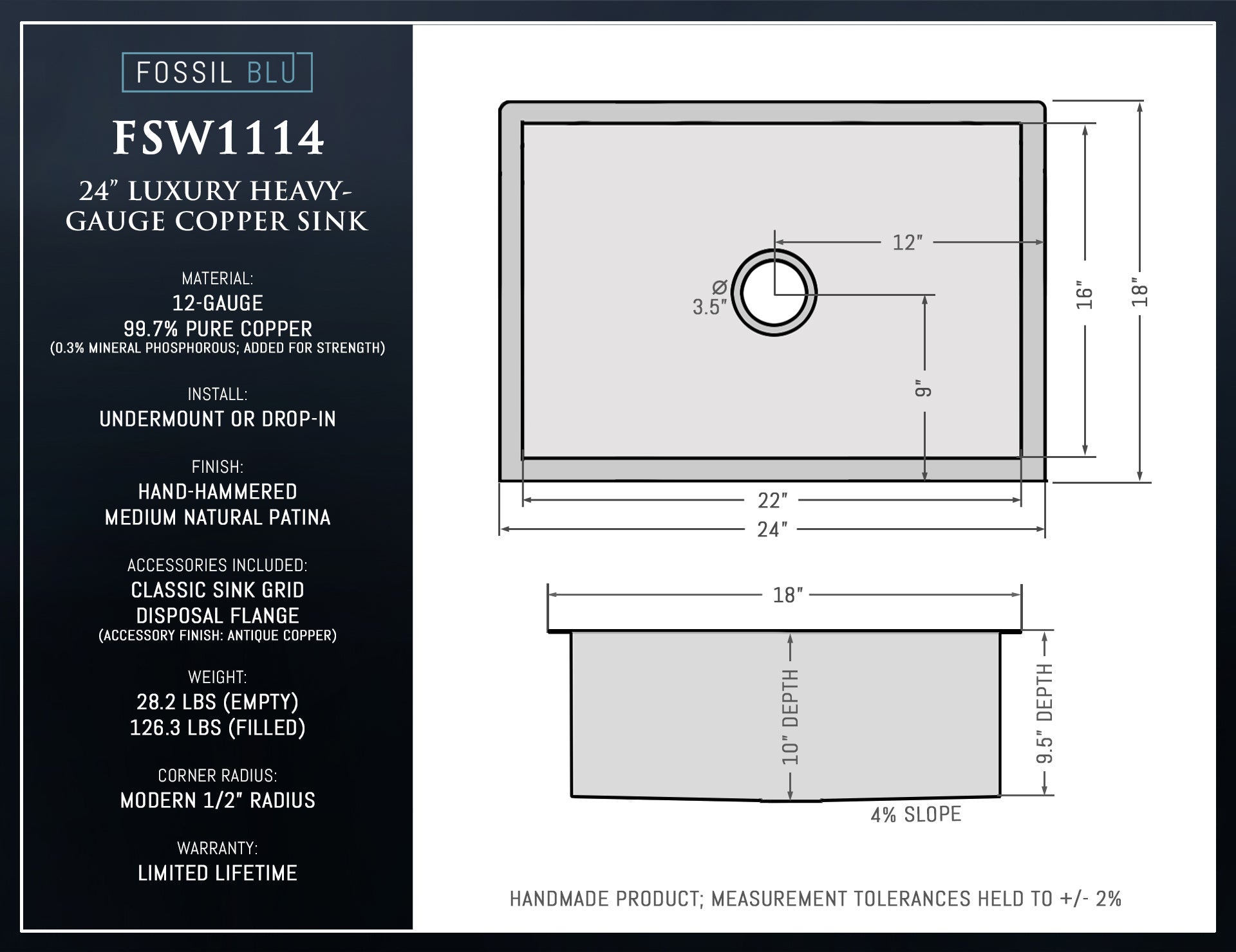 FSW1114 LUXURY 24-INCH HEAVY 12-GAUGE MEDIUM PATINA COPPER UNDERMOUNT / DROP-IN SINK, INCLUDES ACCS