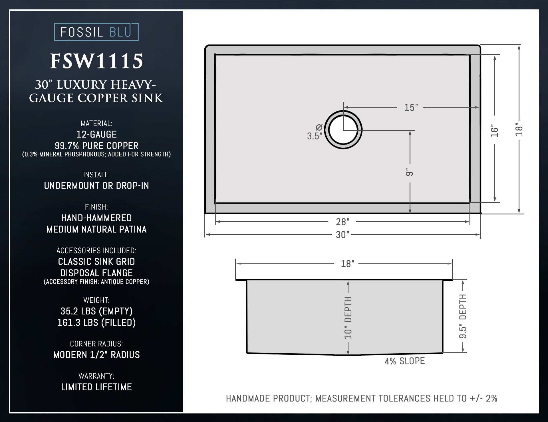 FSW1115 LUXURY 30-INCH HEAVY 12-GAUGE MEDIUM PATINA COPPER UNDERMOUNT / DROP-IN SINK, INCLUDES ACCS