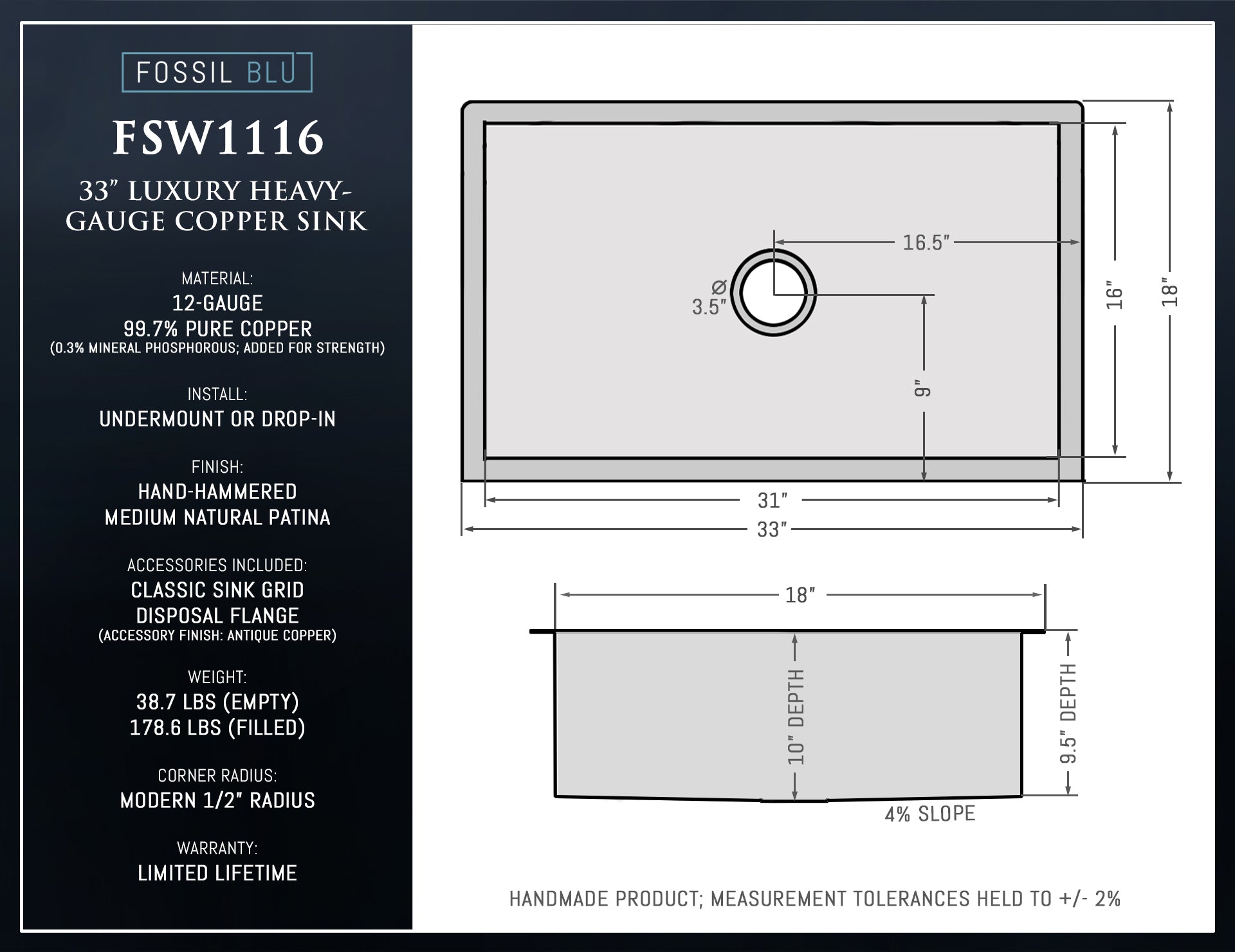 FSW1116 LUXURY 33-INCH HEAVY 12-GAUGE MEDIUM PATINA COPPER UNDERMOUNT / DROP-IN SINK, INCLUDES ACCS