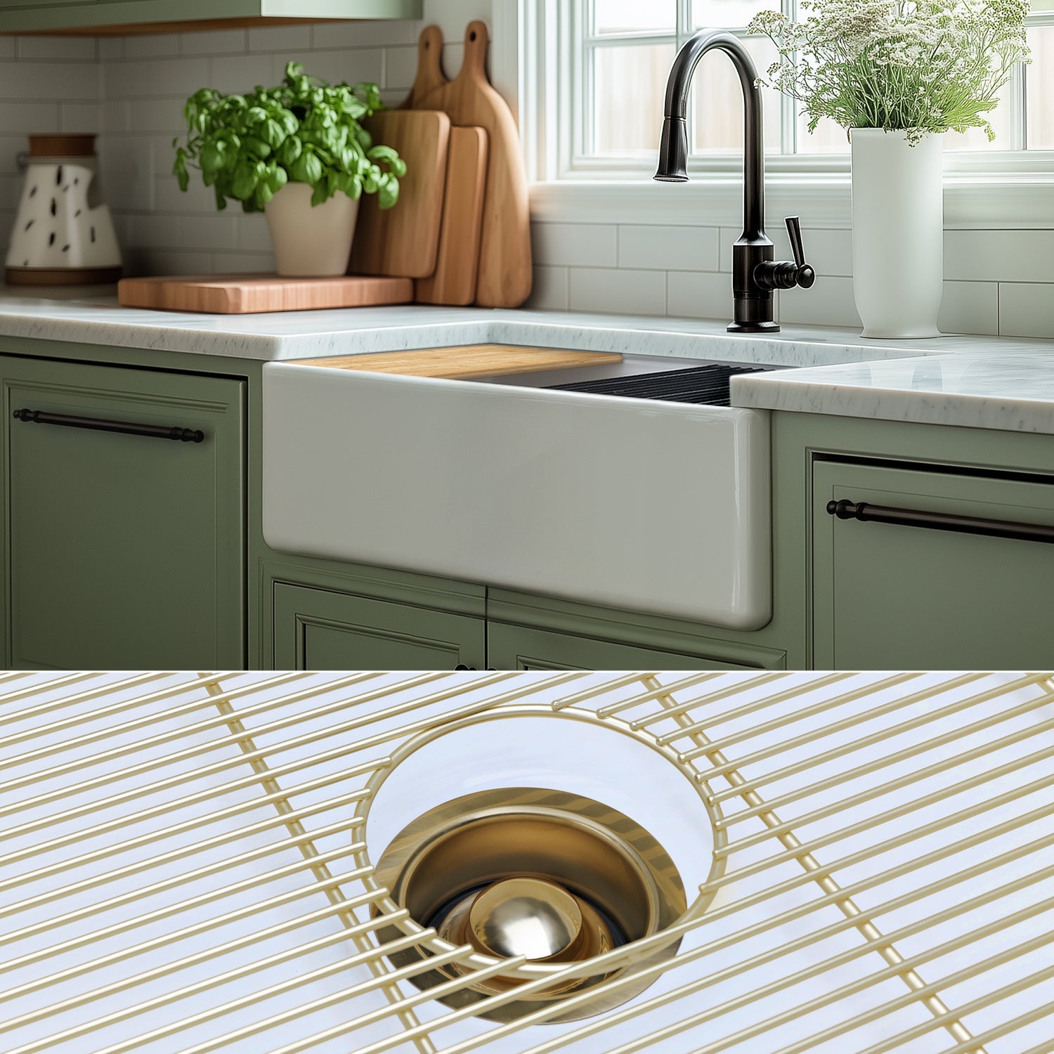 FSW1301BB LUXURY 30-INCH SOLID FIRECLAY WORKSTATION APRON-FRONT SINK IN WHITE, INCLUDES TOP AND MATTE GOLD BOTTOM ACCESSORIES, FLAT FRONT