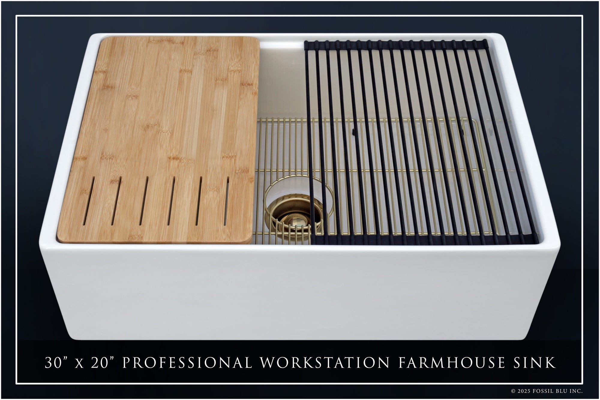 FSW1301BB LUXURY 30-INCH SOLID FIRECLAY WORKSTATION APRON-FRONT SINK IN WHITE, INCLUDES TOP AND MATTE GOLD BOTTOM ACCESSORIES, FLAT FRONT