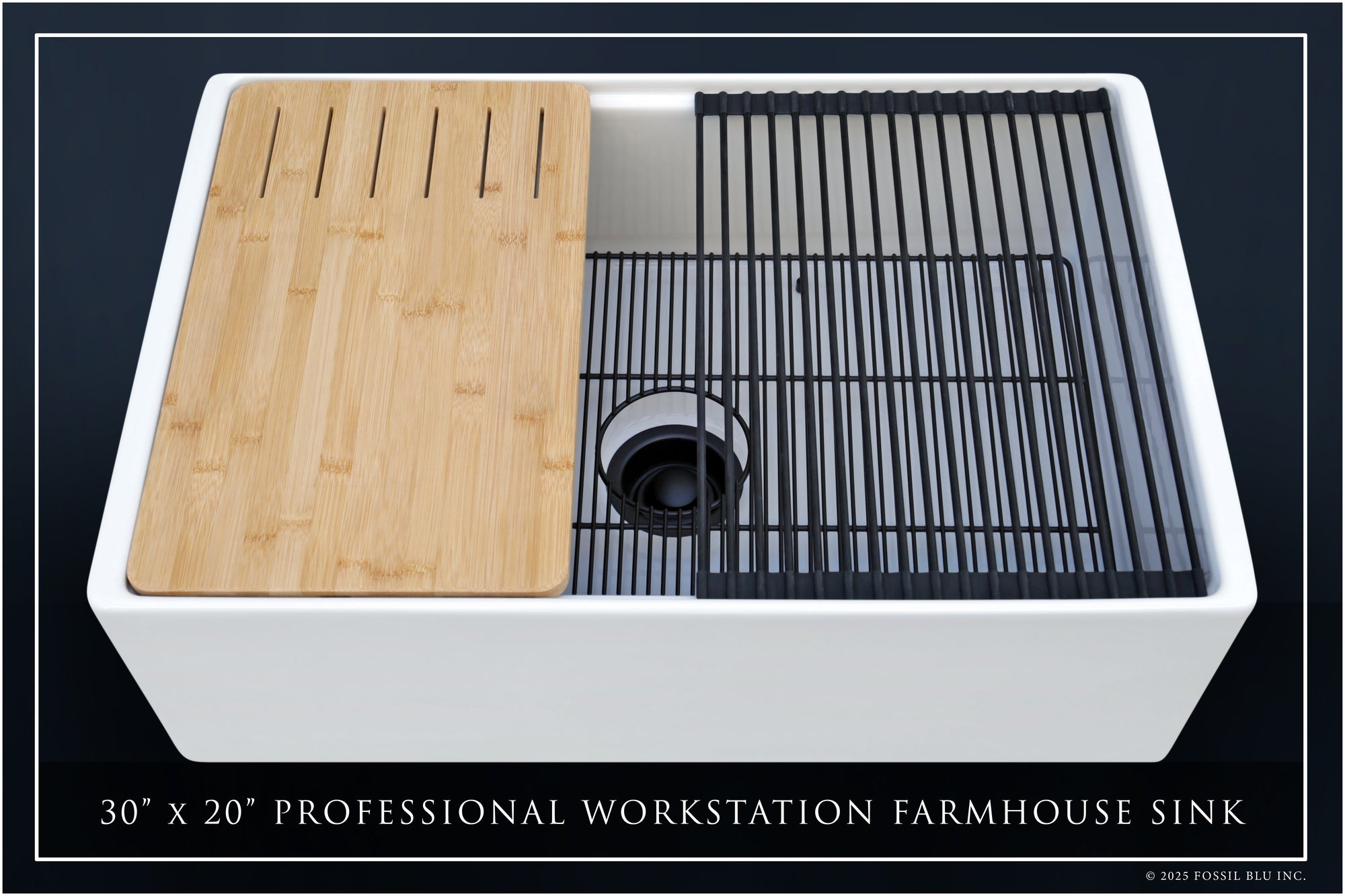 FSW1301MB LUXURY 30-INCH SOLID FIRECLAY WORKSTATION APRON-FRONT SINK IN WHITE, INCLUDES TOP AND MATTE BLACK BOTTOM ACCESSORIES, FLAT FRONT