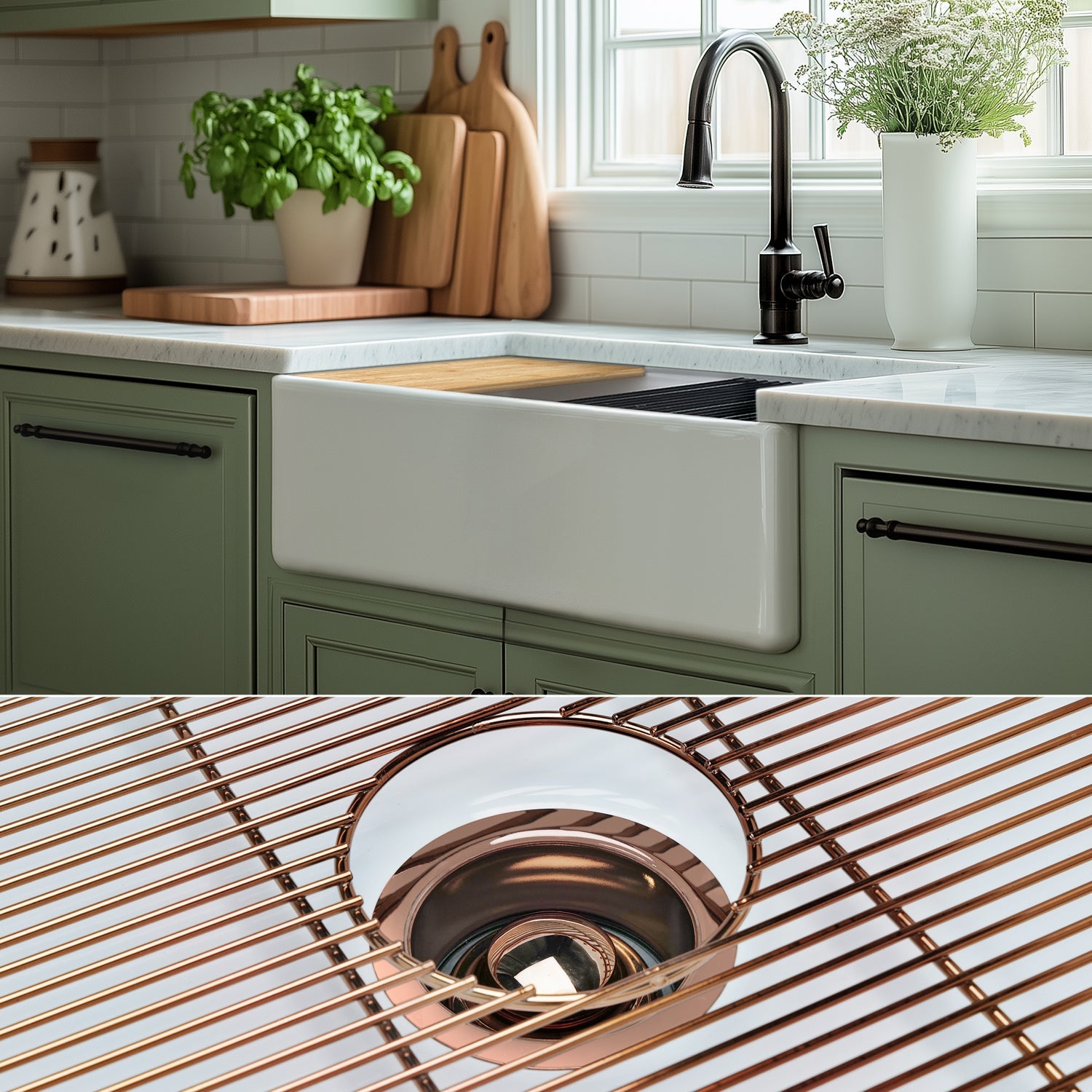 FSW1301RG LUXURY 30-INCH SOLID FIRECLAY WORKSTATION APRON-FRONT SINK IN WHITE, INCLUDES TOP AND POLISHED ROSE GOLD BOTTOM ACCESSORIES, FLAT FRONT