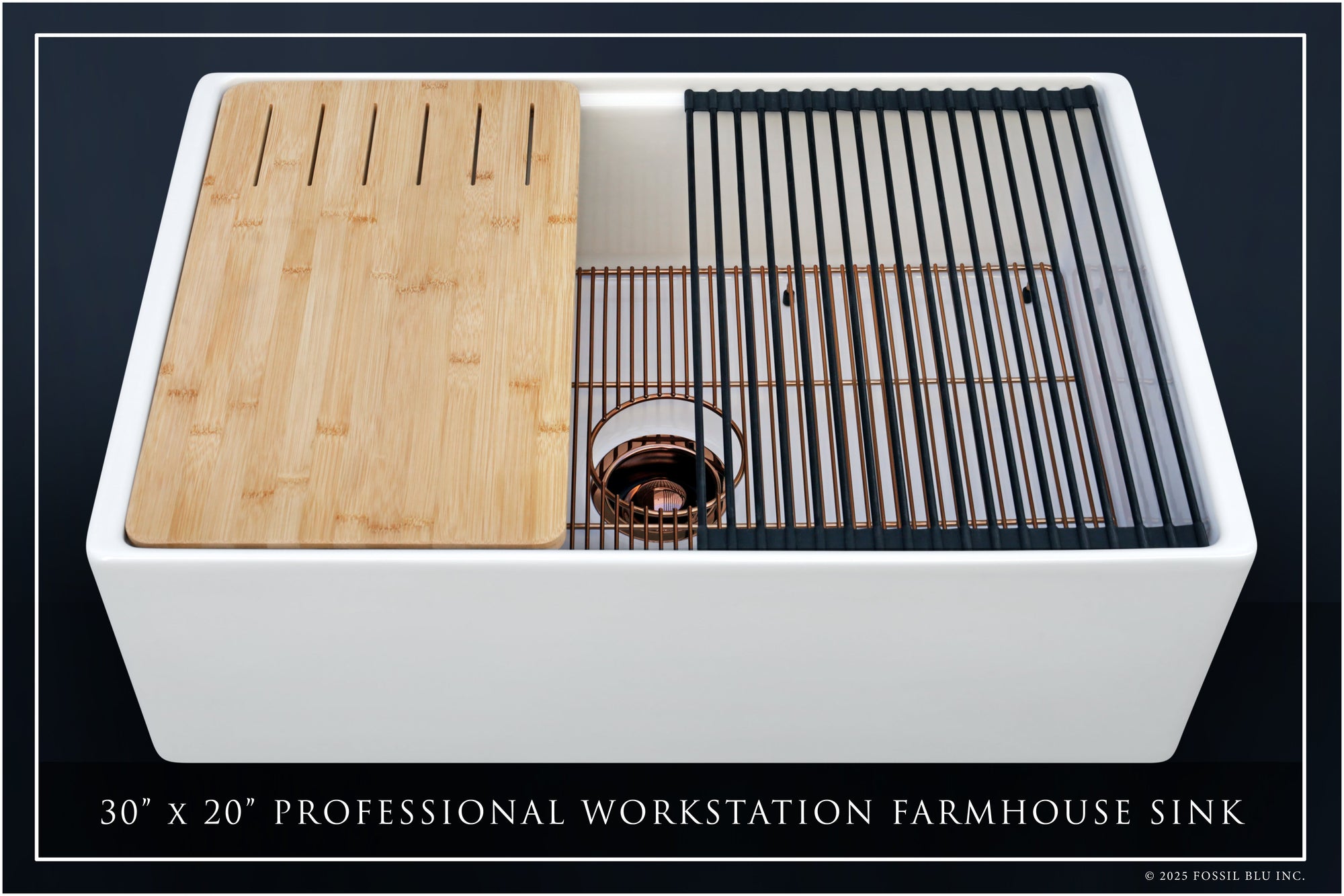 FSW1301RG LUXURY 30-INCH SOLID FIRECLAY WORKSTATION APRON-FRONT SINK IN WHITE, INCLUDES TOP AND POLISHED ROSE GOLD BOTTOM ACCESSORIES, FLAT FRONT