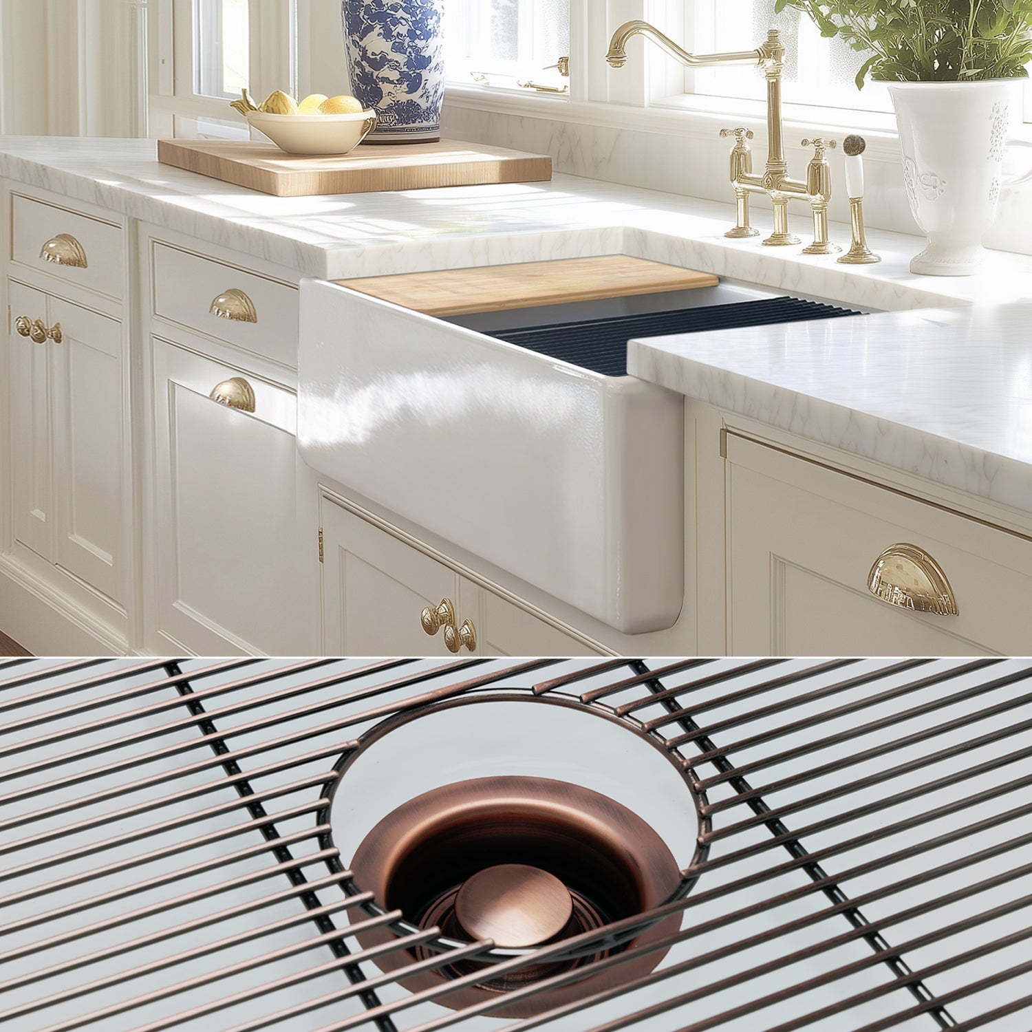 FSW1302AC LUXURY 33-INCH SOLID FIRECLAY WORKSTATION APRON-FRONT SINK IN WHITE, INCLUDES TOP AND ANTIQUE COPPER BOTTOM ACCESSORIES, FLAT FRONT