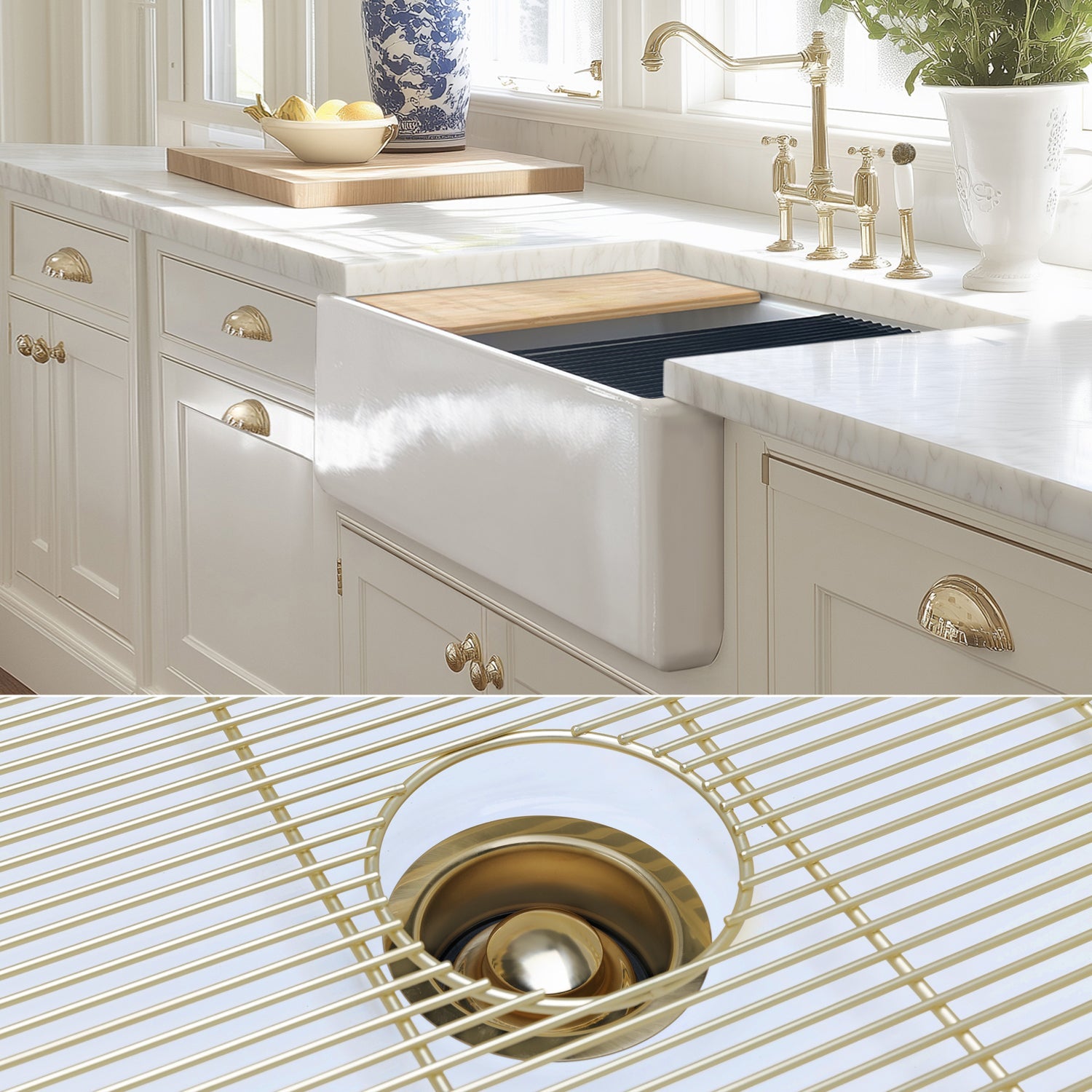 FSW1302BB LUXURY 33-INCH SOLID FIRECLAY WORKSTATION APRON-FRONT SINK IN WHITE, INCLUDES TOP AND MATTE GOLD BOTTOM ACCESSORIES, FLAT FRONT