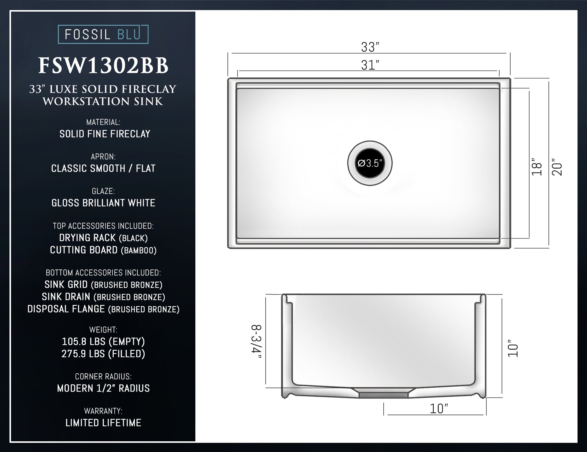 FSW1302BB LUXURY 33-INCH SOLID FIRECLAY WORKSTATION APRON-FRONT SINK IN WHITE, INCLUDES TOP AND MATTE GOLD BOTTOM ACCESSORIES, FLAT FRONT