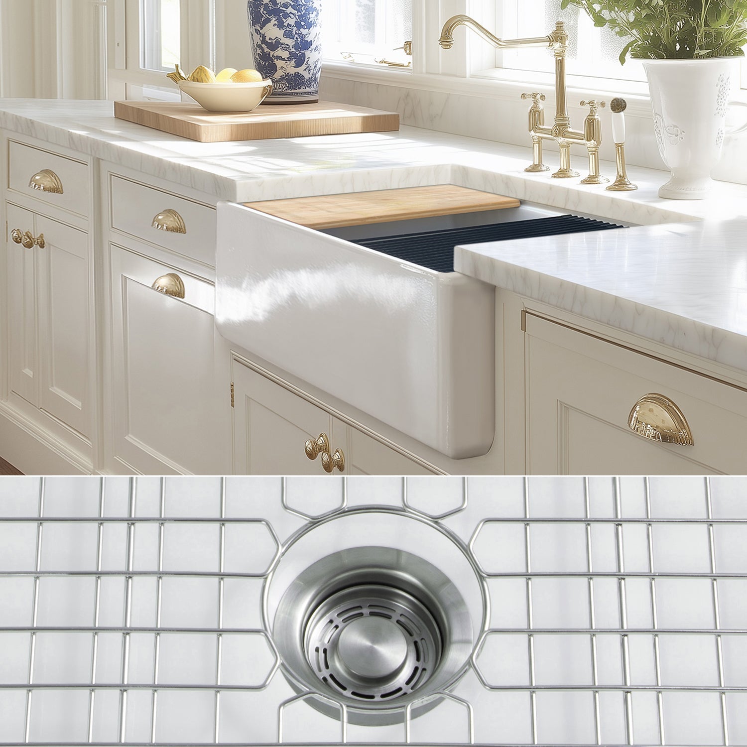 FSW1302SS LUXURY 33-INCH SOLID FIRECLAY WORKSTATION APRON-FRONT SINK IN WHITE, INCLUDES TOP AND STAINLESS STEEL BOTTOM ACCESSORIES, FLAT FRONT