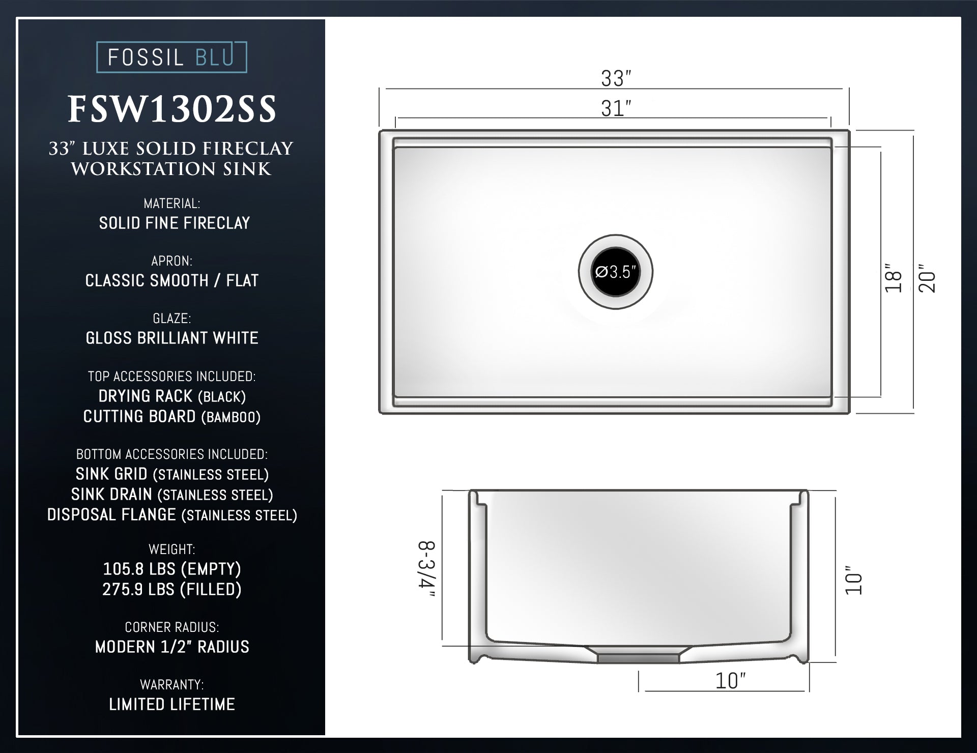 FSW1302SS LUXURY 33-INCH SOLID FIRECLAY WORKSTATION APRON-FRONT SINK IN WHITE, INCLUDES TOP AND STAINLESS STEEL BOTTOM ACCESSORIES, FLAT FRONT