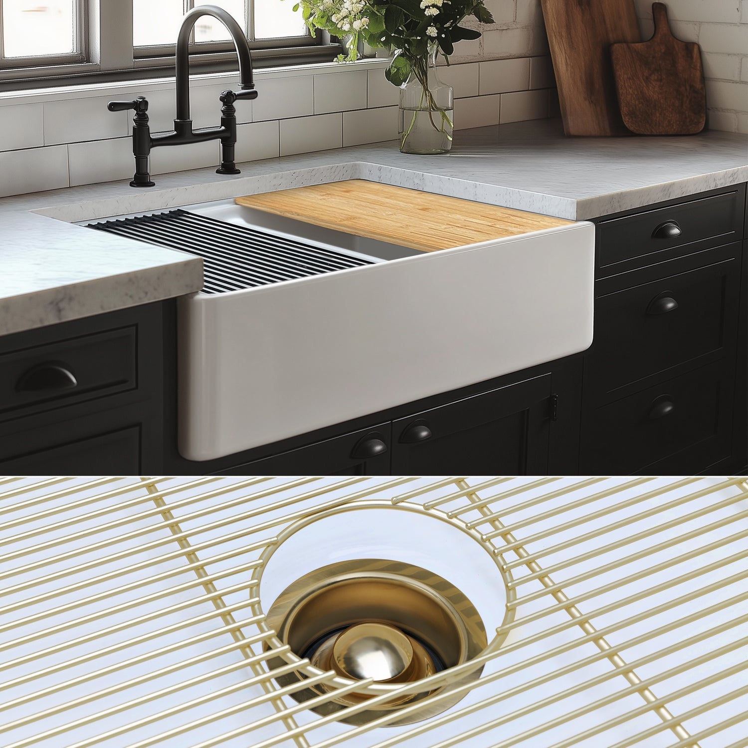 FSW1303BB LUXURY 33-INCH SOLID FIRECLAY WORKSTATION APRON-FRONT SINK IN WHITE, INCLUDES TOP AND MATTE GOLD BOTTOM ACCESSORIES, FLAT FRONT