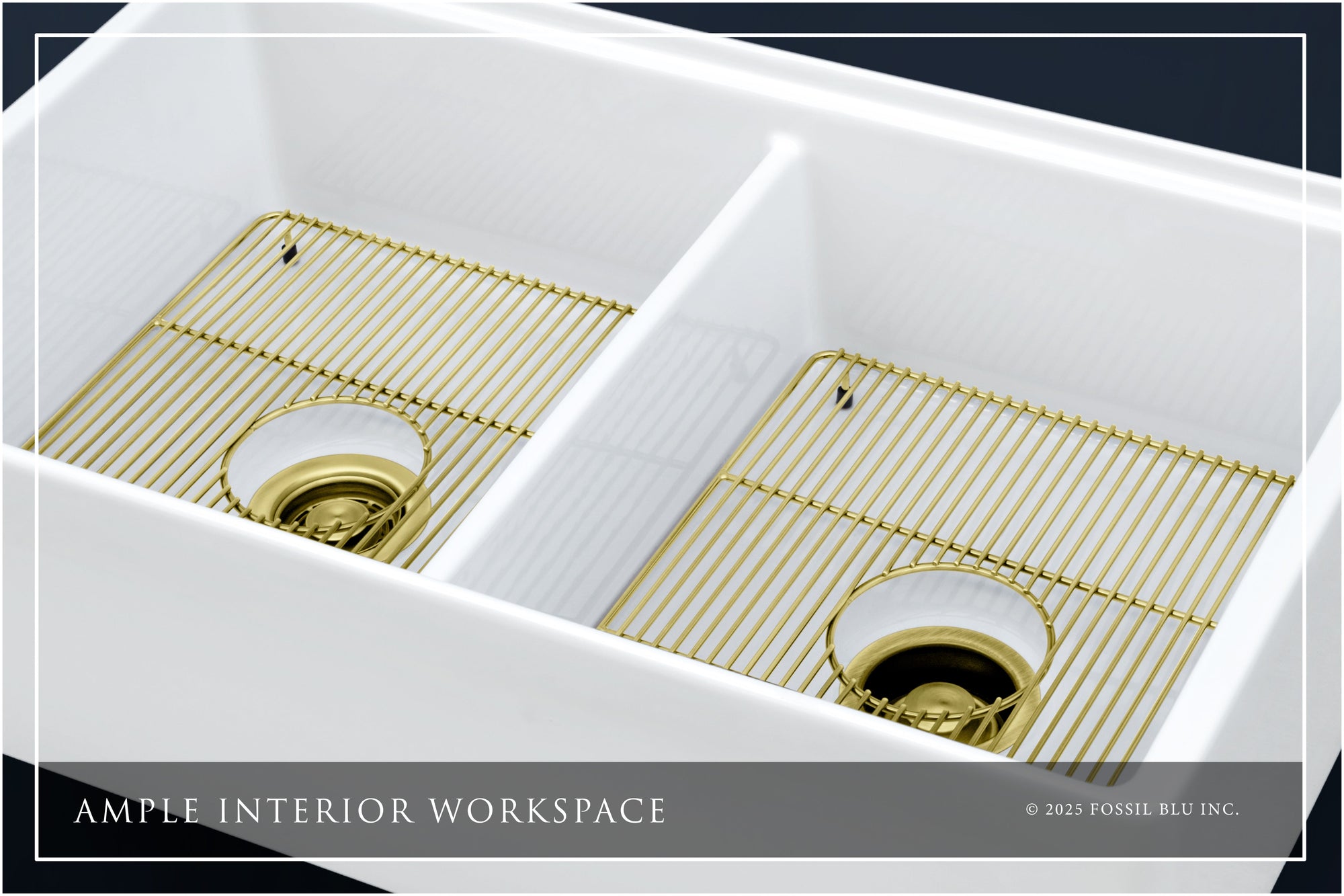 FSW1303BB LUXURY 33-INCH SOLID FIRECLAY WORKSTATION APRON-FRONT SINK IN WHITE, INCLUDES TOP AND MATTE GOLD BOTTOM ACCESSORIES, FLAT FRONT