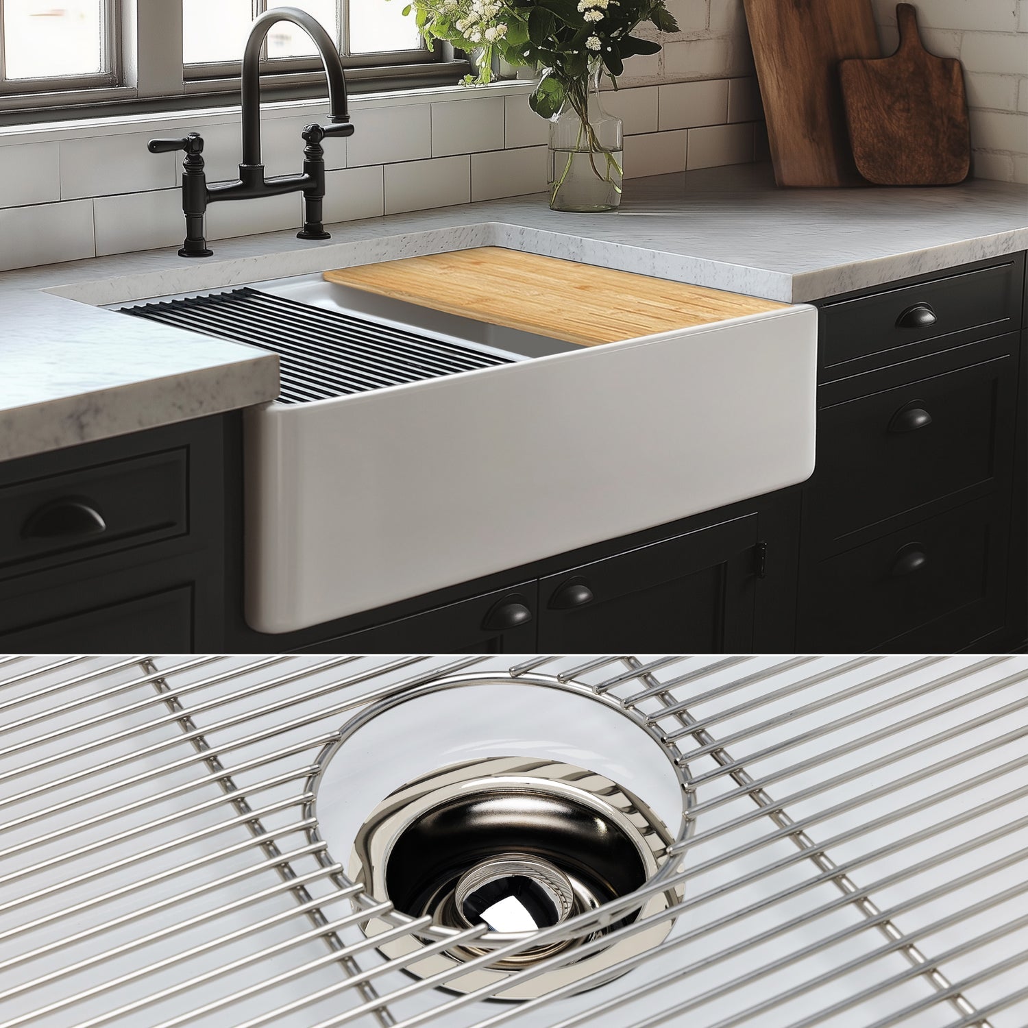 FSW1303PN LUXURY 33-INCH SOLID FIRECLAY WORKSTATION APRON-FRONT SINK IN WHITE, INCLUDES TOP AND POLISHED NICKEL BOTTOM ACCESSORIES, FLAT FRONT