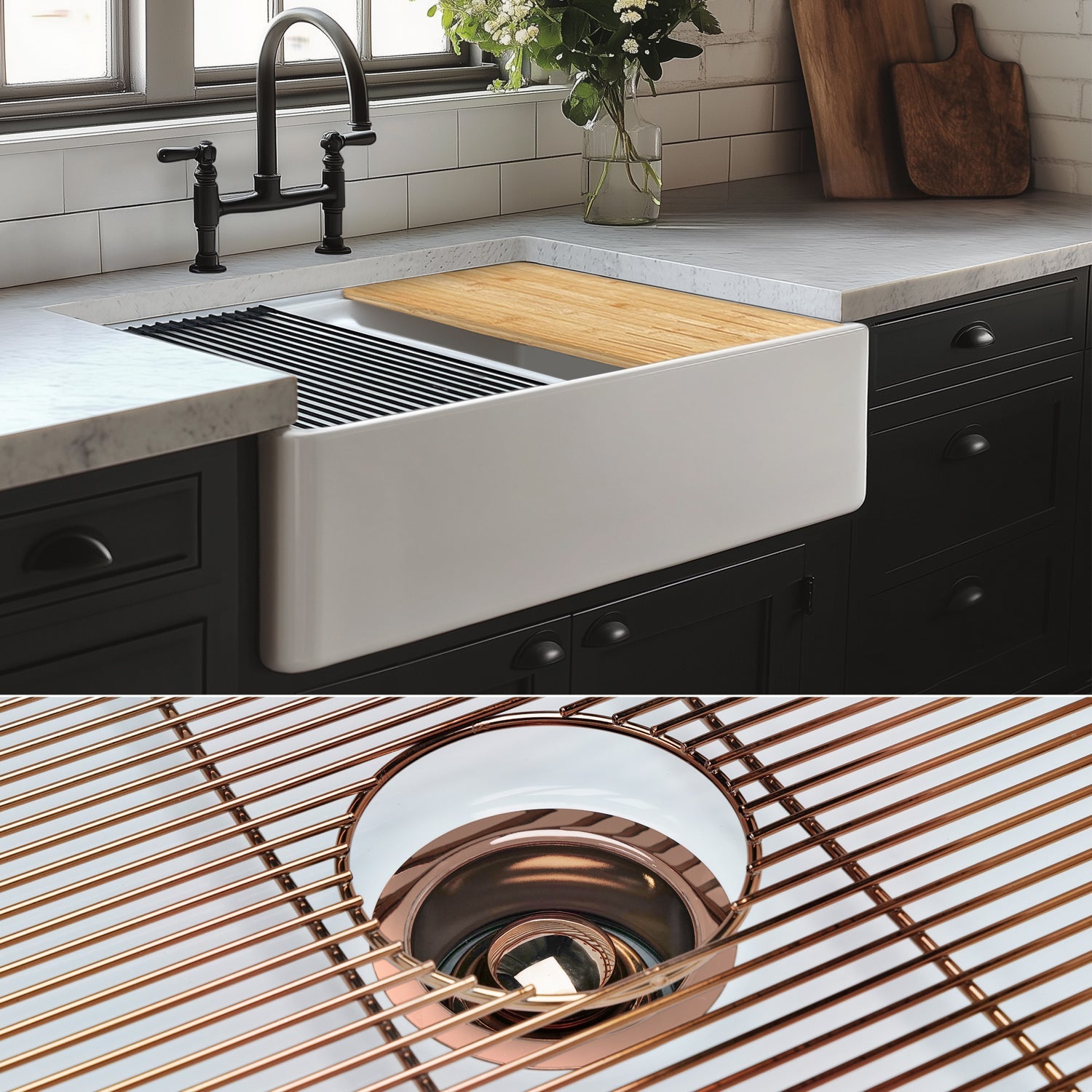 FSW1303RG LUXURY 33-INCH SOLID FIRECLAY WORKSTATION APRON-FRONT SINK IN WHITE, INCLUDES TOP AND POLISHED ROSE GOLD BOTTOM ACCESSORIES, FLAT FRONT