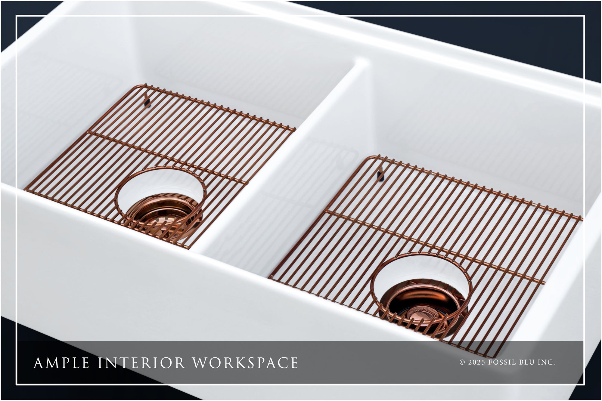 FSW1303RG LUXURY 33-INCH SOLID FIRECLAY WORKSTATION APRON-FRONT SINK IN WHITE, INCLUDES TOP AND POLISHED ROSE GOLD BOTTOM ACCESSORIES, FLAT FRONT