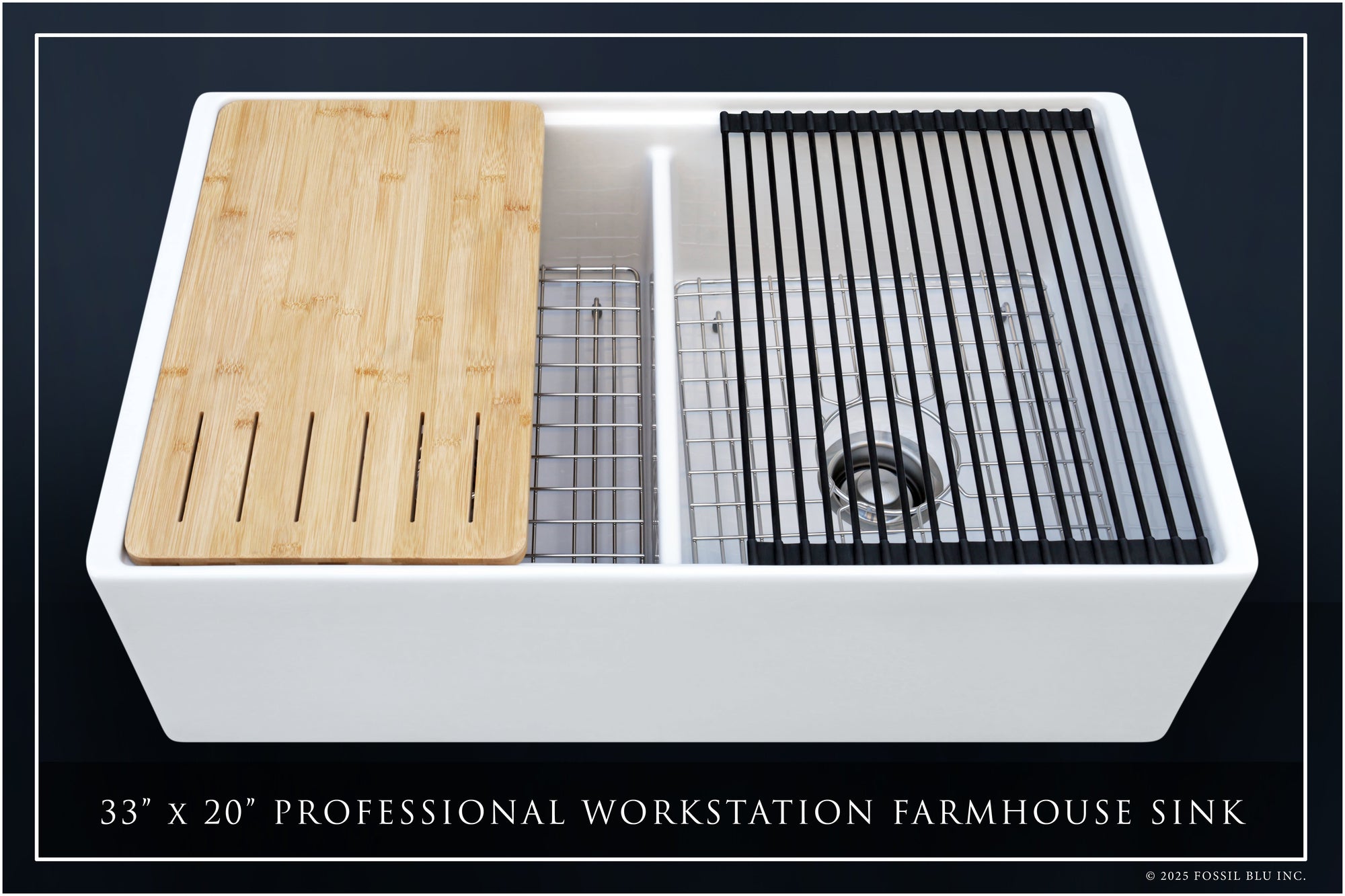 FSW1303SS LUXURY 33-INCH SOLID FIRECLAY WORKSTATION APRON-FRONT SINK IN WHITE, INCLUDES TOP AND STAINLESS STEEL BOTTOM ACCESSORIES, FLAT FRONT