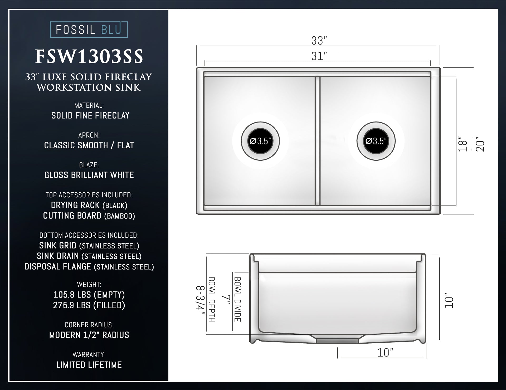 FSW1303SS LUXURY 33-INCH SOLID FIRECLAY WORKSTATION APRON-FRONT SINK IN WHITE, INCLUDES TOP AND STAINLESS STEEL BOTTOM ACCESSORIES, FLAT FRONT