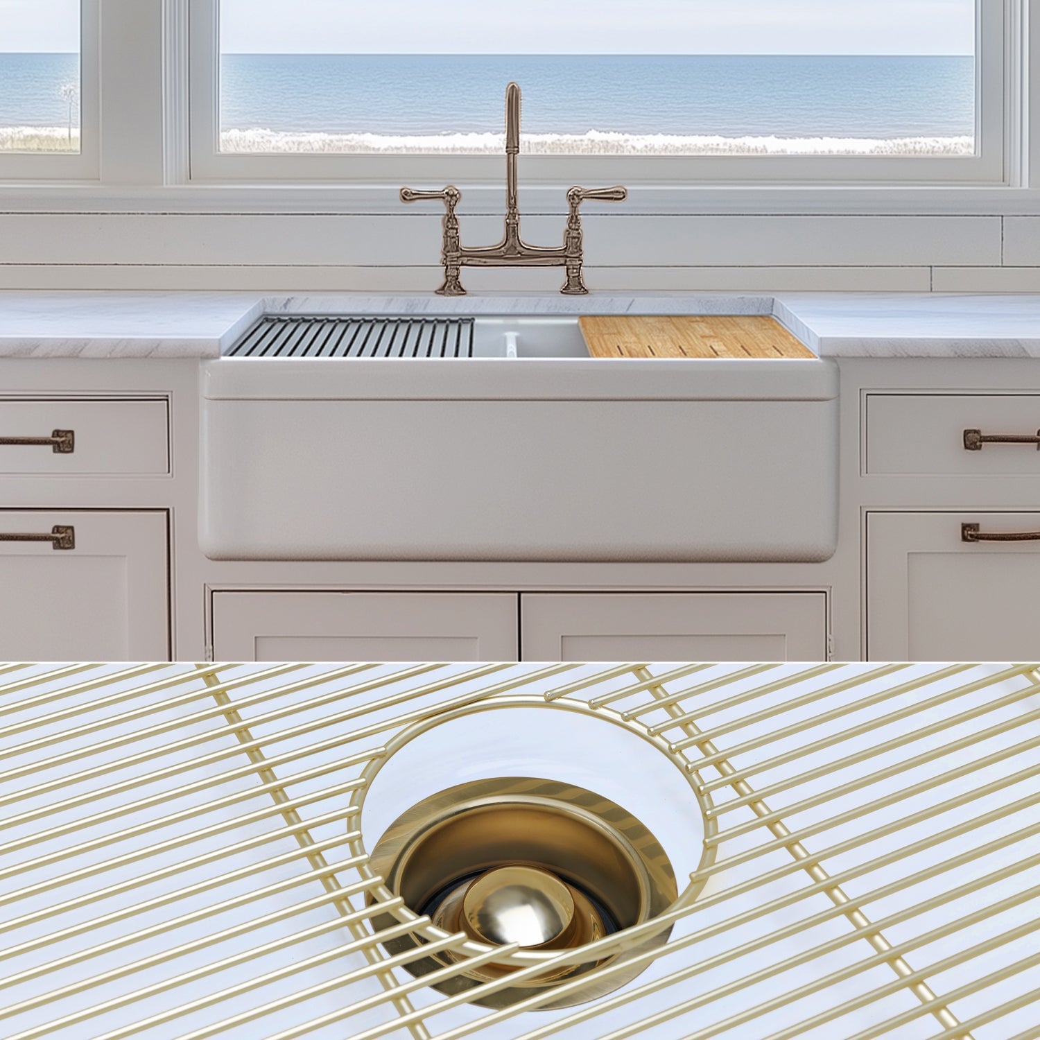 FSW1312BB LUXURY 33-INCH SOLID FIRECLAY WORKSTATION APRON-FRONT SINK IN WHITE, INCLUDES TOP AND MATTE GOLD BOTTOM ACCESSORIES, BELTED FRONT