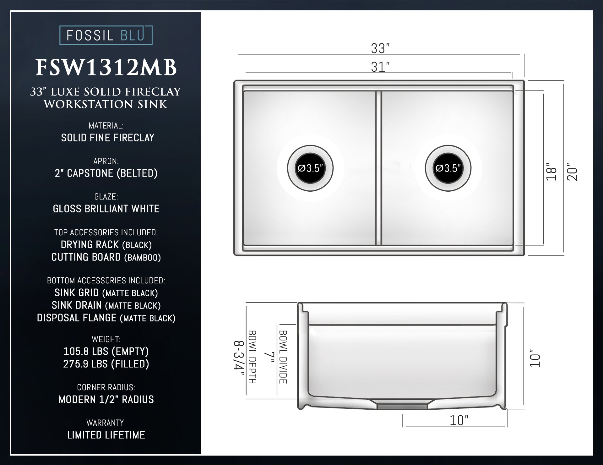 FSW1312MB LUXURY 33-INCH SOLID FIRECLAY WORKSTATION APRON-FRONT SINK IN WHITE, INCLUDES TOP AND MATTE BLACK BOTTOM ACCESSORIES, BELTED FRONT