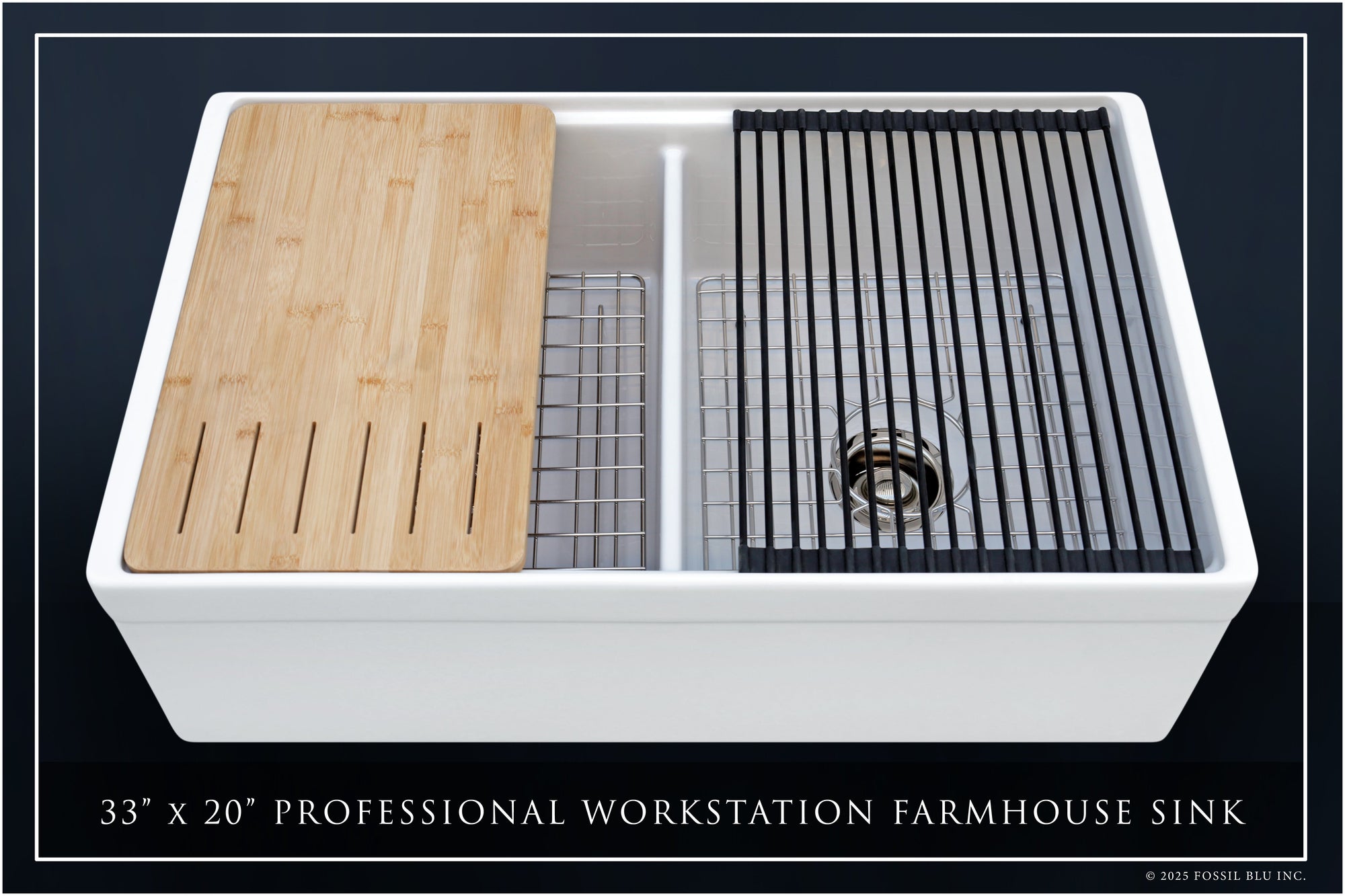 FSW1312PN LUXURY 33-INCH SOLID FIRECLAY WORKSTATION APRON-FRONT SINK IN WHITE, INCLUDES TOP AND POLISHED NICKEL BOTTOM ACCESSORIES, BELTED FRONT