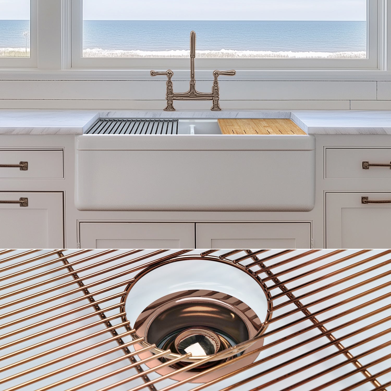 FSW1312RG LUXURY 33-INCH SOLID FIRECLAY WORKSTATION APRON-FRONT SINK IN WHITE, INCLUDES TOP AND POLISHED ROSE GOLD BOTTOM ACCESSORIES, BELTED FRONT