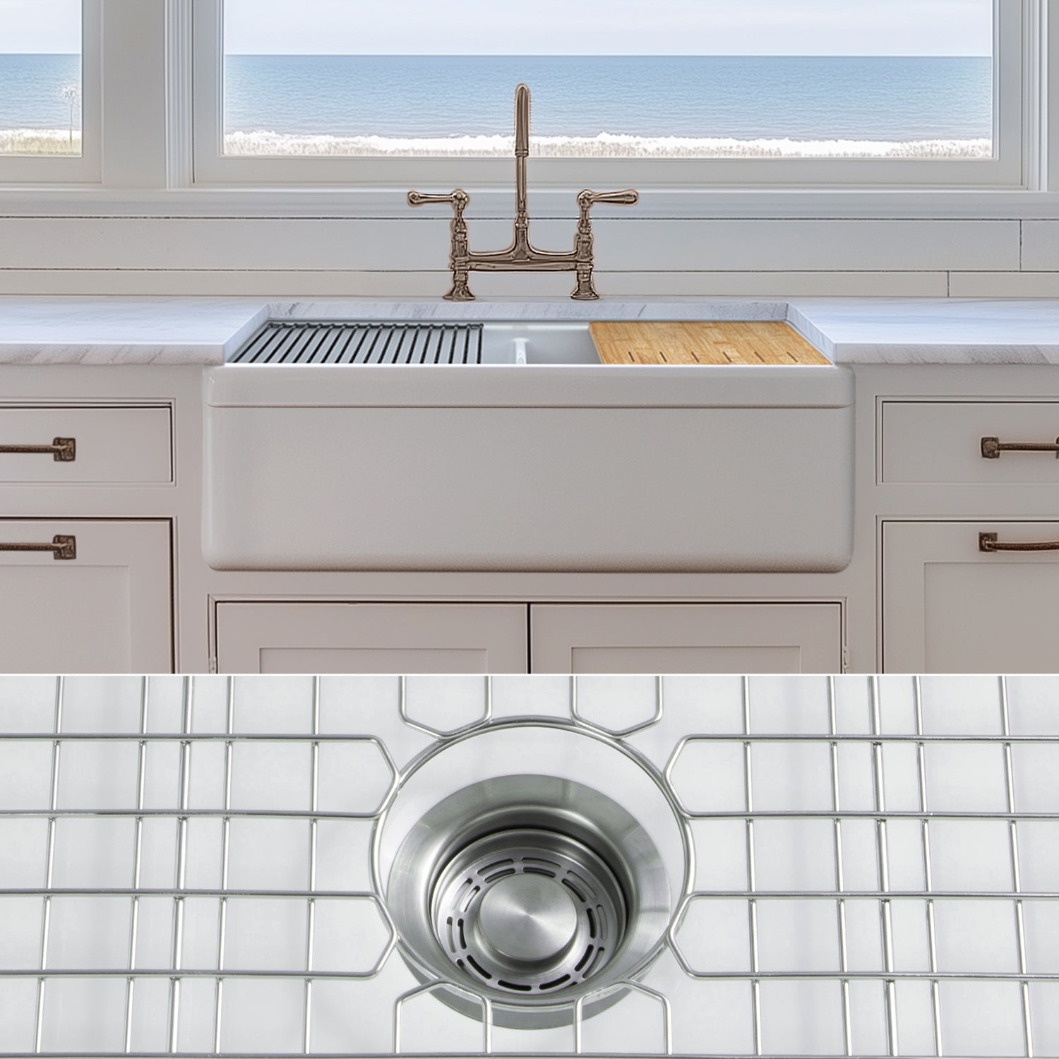 FSW1312SS LUXURY 33-INCH SOLID FIRECLAY WORKSTATION APRON-FRONT SINK IN WHITE, INCLUDES TOP AND STAINLESS STEEL BOTTOM ACCESSORIES, BELTED FRONT