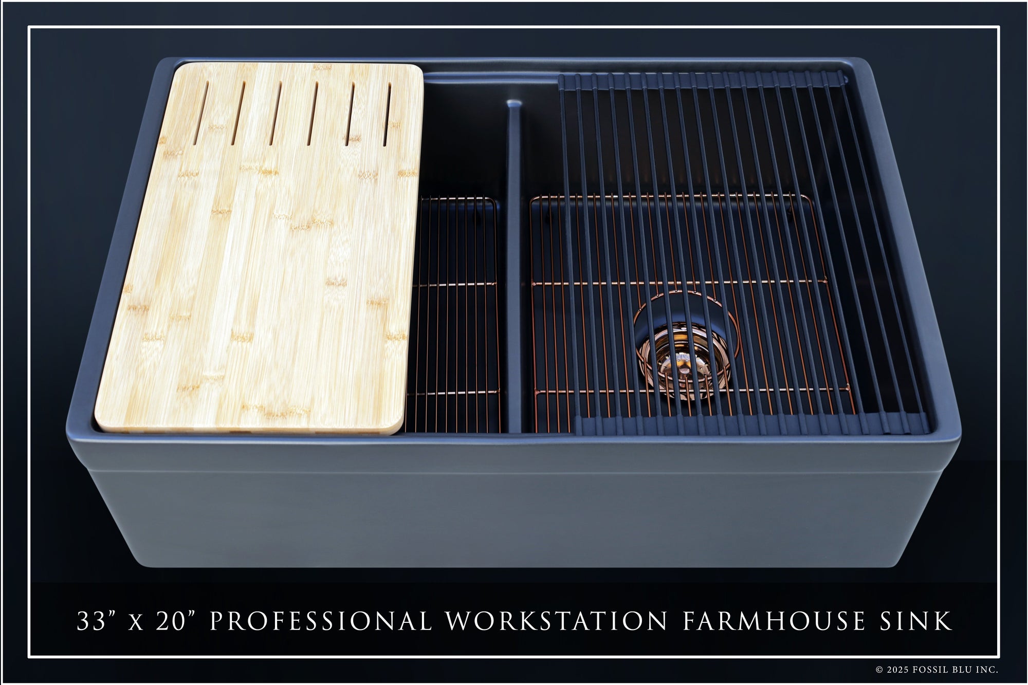 FSW13212AC LUXURY 33-INCH SOLID FIRECLAY WORKSTATION APRON-FRONT SINK IN BLACK, INCLUDES TOP AND ANTIQUE COPPER BOTTOM ACCESSORIES, BELTED FRONT
