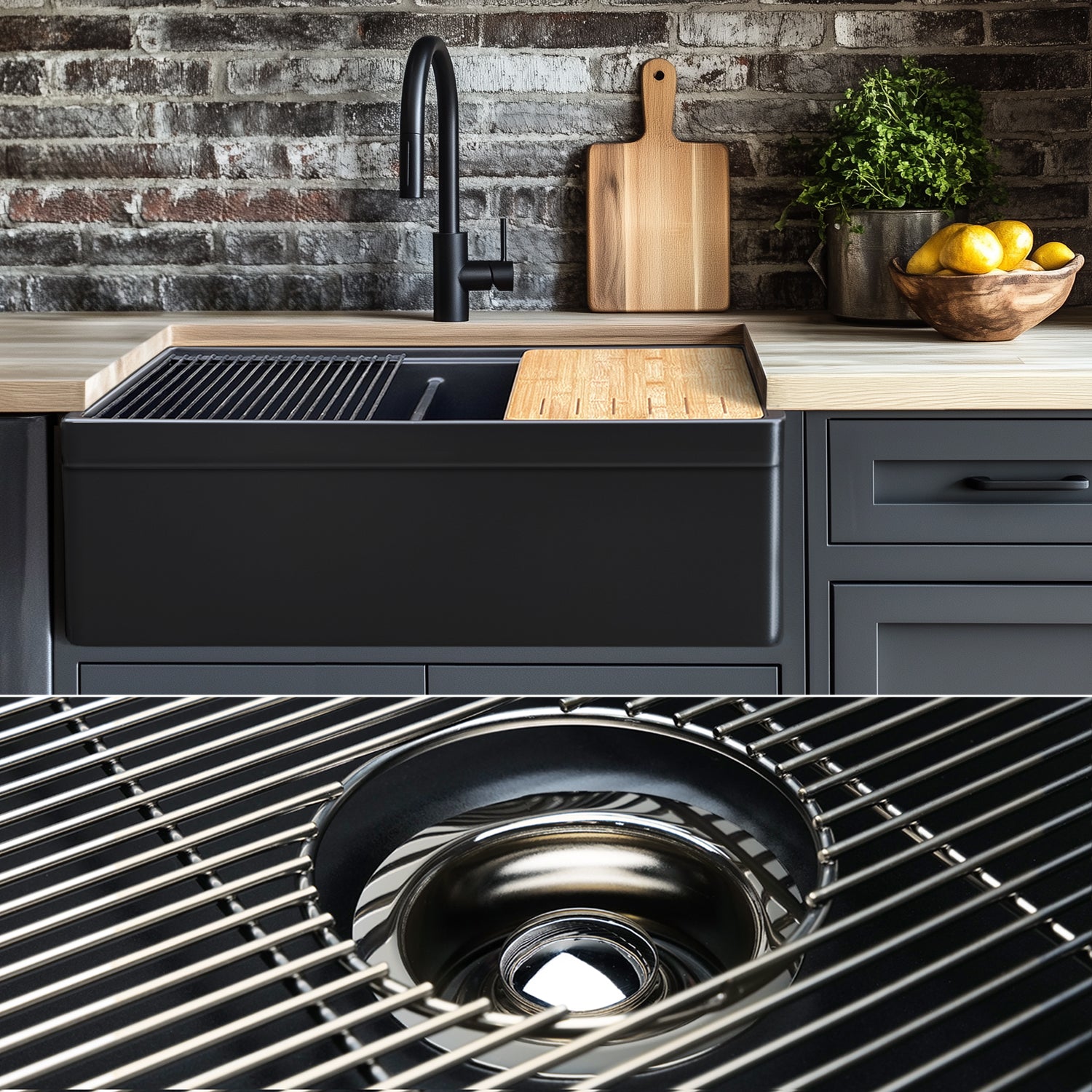 FSW13212PN LUXURY 33-INCH SOLID FIRECLAY WORKSTATION APRON-FRONT SINK IN BLACK, INCLUDES TOP AND POLISHED NICKEL BOTTOM ACCESSORIES, BELTED FRONT