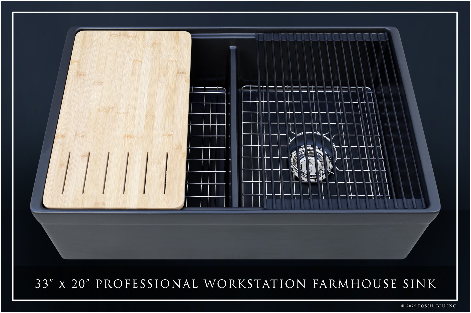 FSW13212PN LUXURY 33-INCH SOLID FIRECLAY WORKSTATION APRON-FRONT SINK IN BLACK, INCLUDES TOP AND POLISHED NICKEL BOTTOM ACCESSORIES, BELTED FRONT
