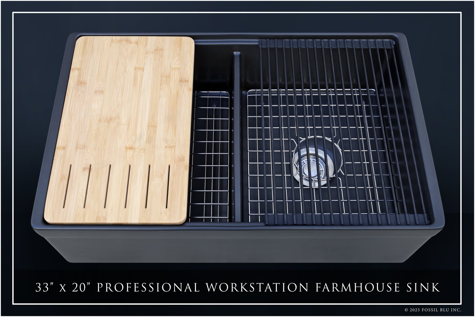 FSW13212SS LUXURY 33-INCH SOLID FIRECLAY WORKSTATION APRON-FRONT SINK IN BLACK, INCLUDES TOP AND STAINLESS STEEL BOTTOM ACCESSORIES, BELTED FRONT