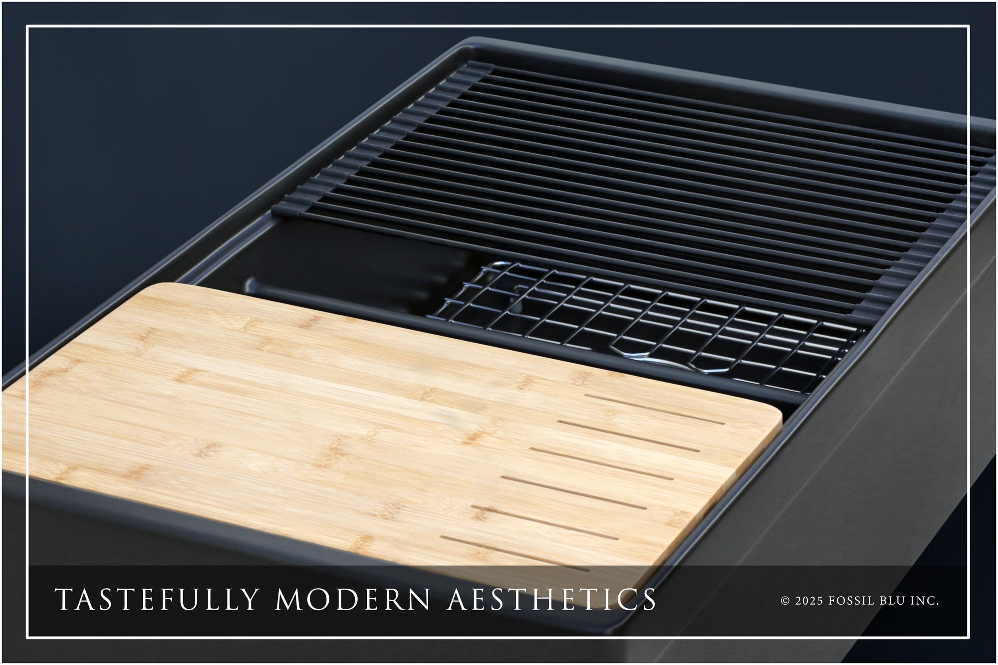 FSW13212SS LUXURY 33-INCH SOLID FIRECLAY WORKSTATION APRON-FRONT SINK IN BLACK, INCLUDES TOP AND STAINLESS STEEL BOTTOM ACCESSORIES, BELTED FRONT