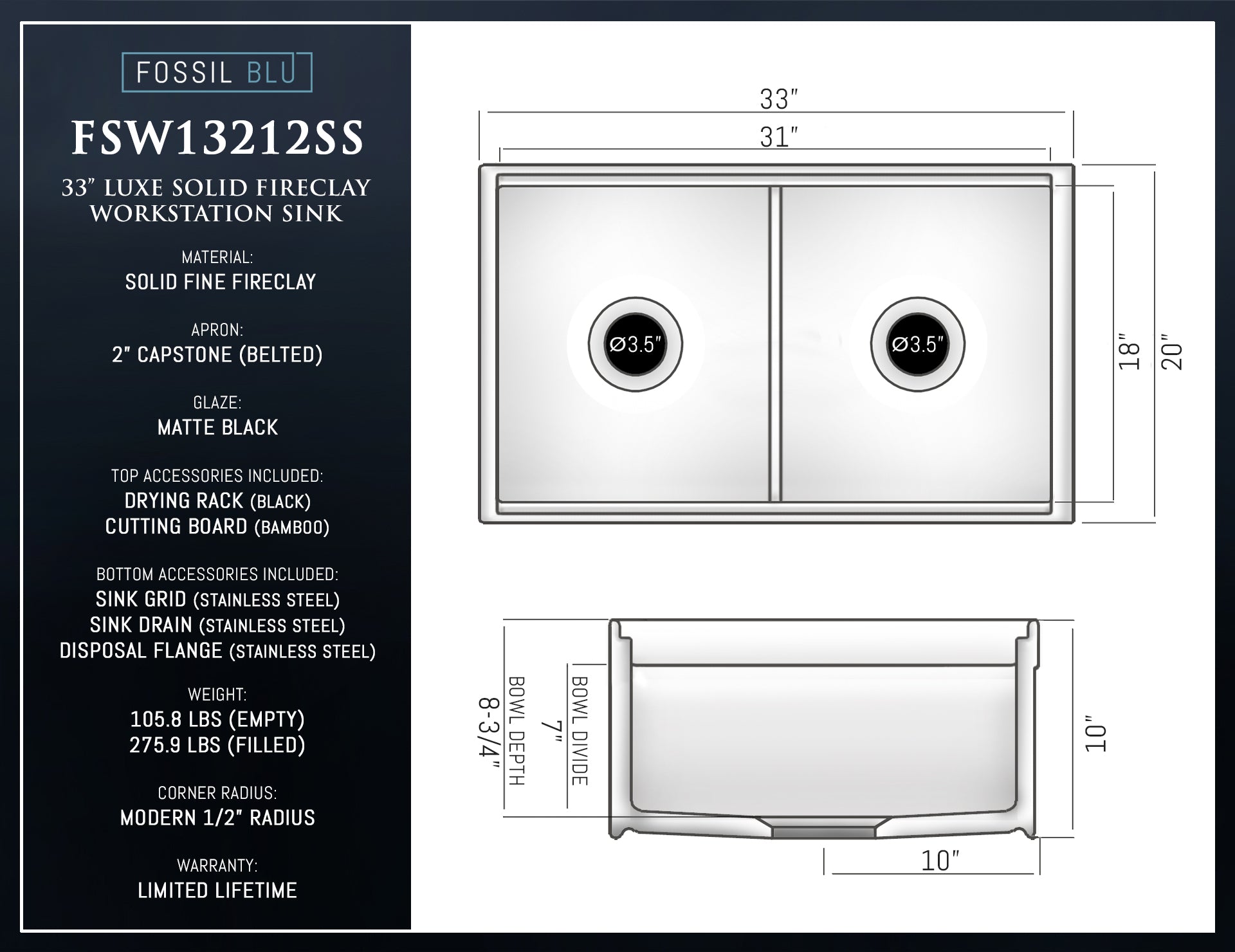 FSW13212SS LUXURY 33-INCH SOLID FIRECLAY WORKSTATION APRON-FRONT SINK IN BLACK, INCLUDES TOP AND STAINLESS STEEL BOTTOM ACCESSORIES, BELTED FRONT