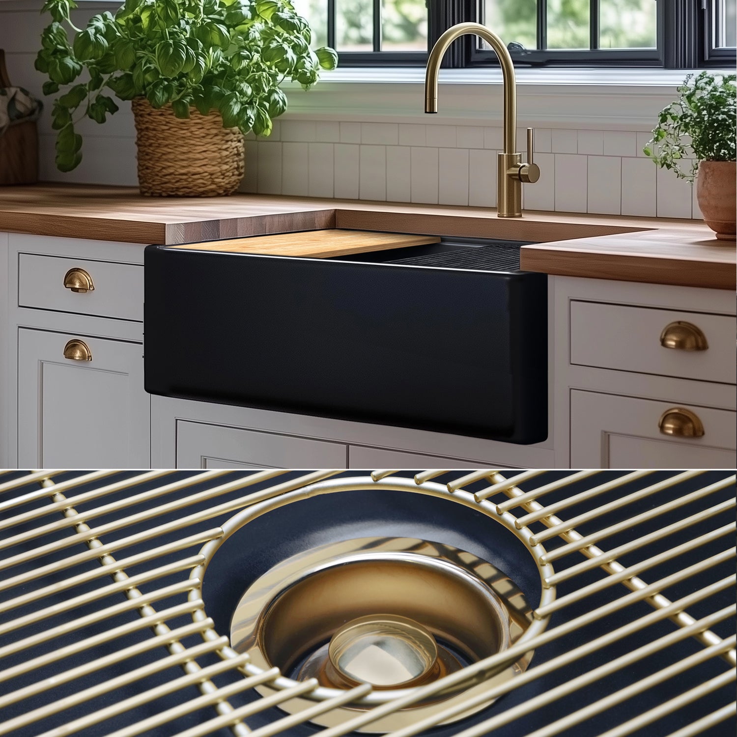 FSW1321BB LUXURY 30-INCH SOLID FIRECLAY WORKSTATION APRON-FRONT SINK IN BLACK, INCLUDES TOP AND MATTE GOLD BOTTOM ACCESSORIES, FLAT FRONT