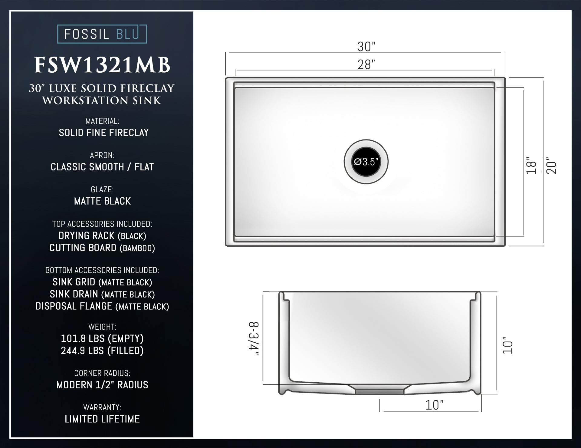 FSW1321MB LUXURY 30-INCH SOLID FIRECLAY WORKSTATION APRON-FRONT SINK IN BLACK, INCLUDES TOP AND MATTE BLACK BOTTOM ACCESSORIES, FLAT FRONT